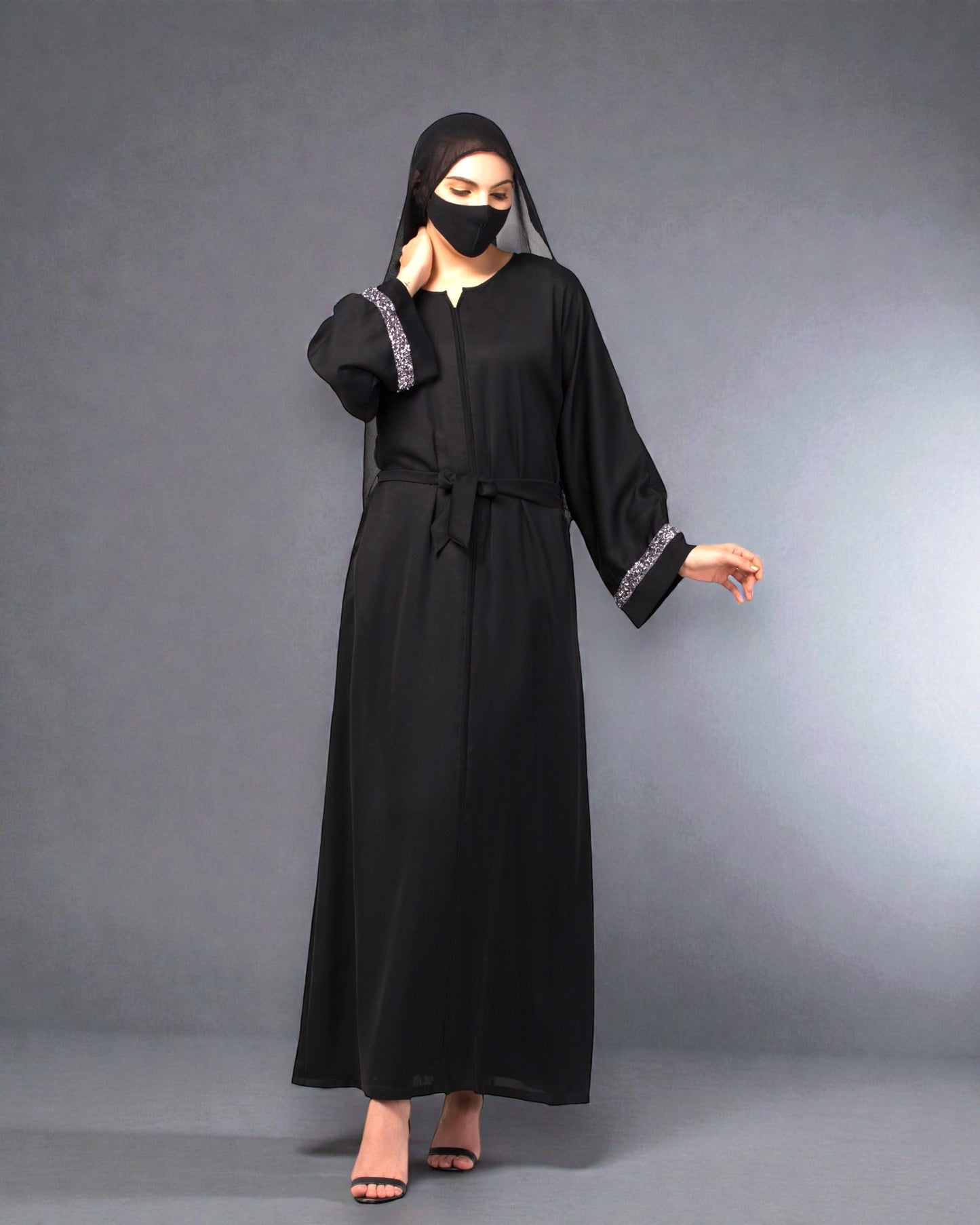 "Nida Satin Closed Abaya: Silver Lace Sleeves, Wide Sleeves, and Matching Stole"