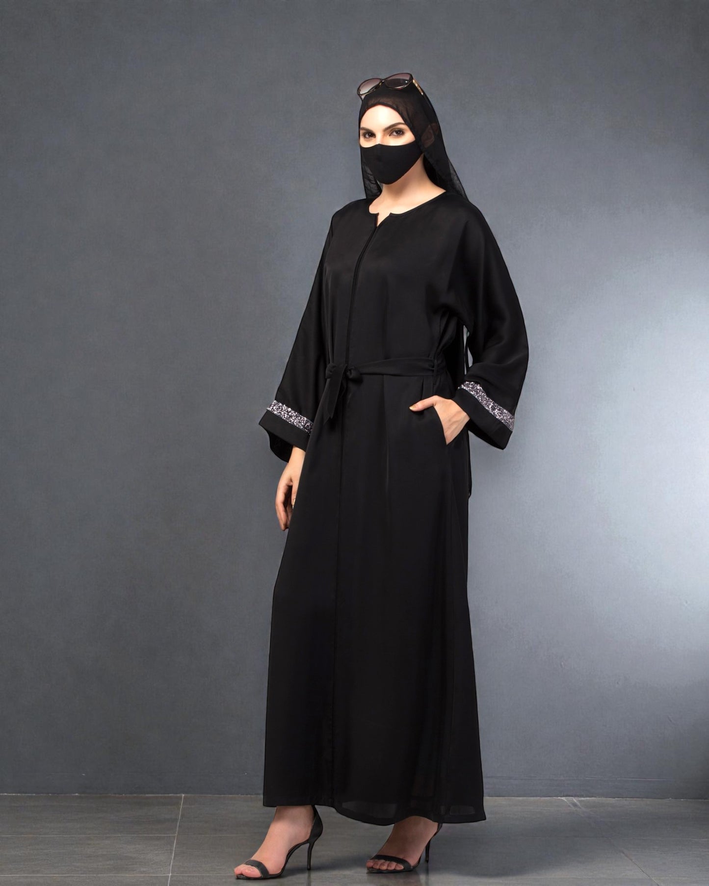"Nida Satin Closed Abaya: Silver Lace Sleeves, Wide Sleeves, and Matching Stole"
