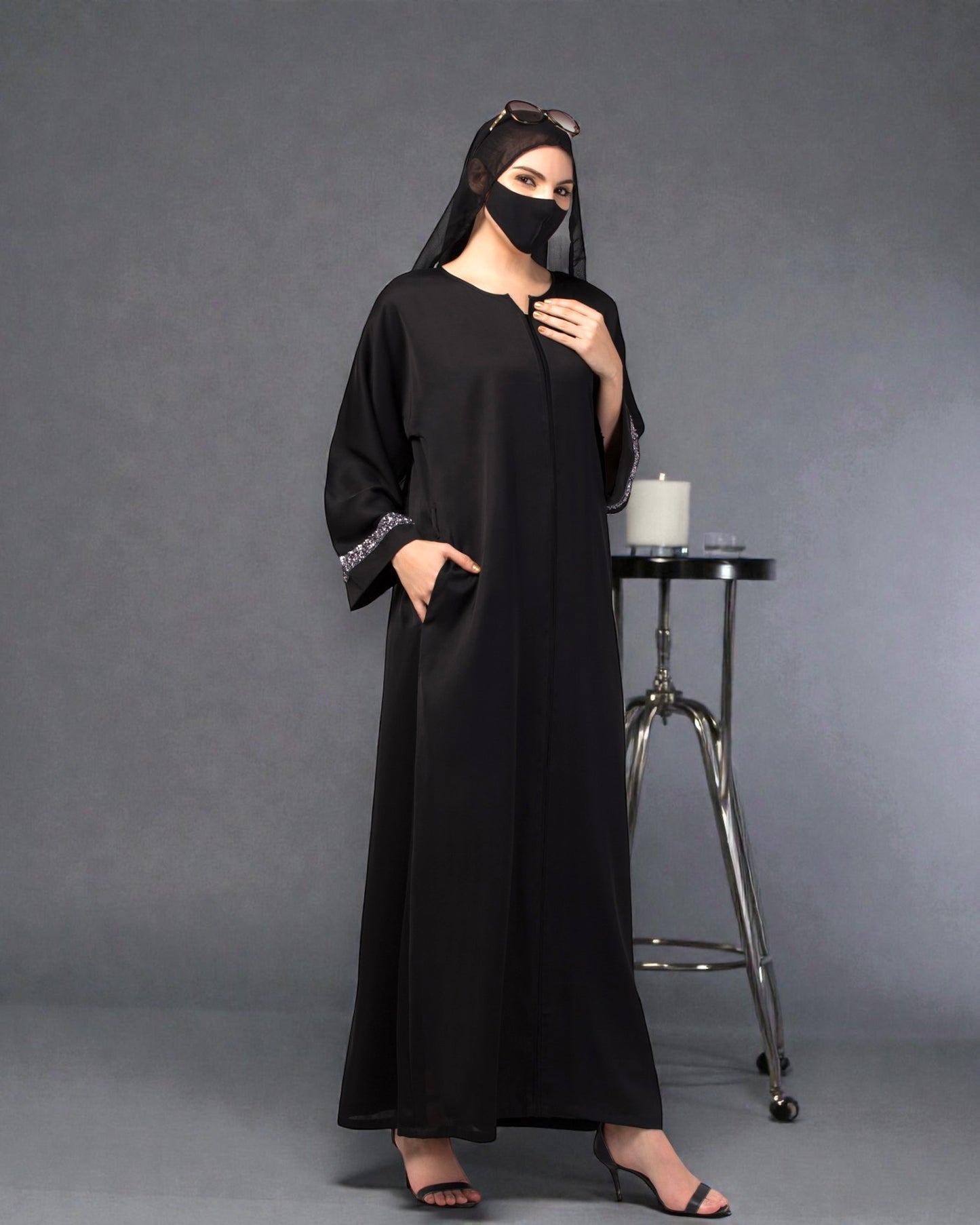 "Nida Satin Closed Abaya: Silver Lace Sleeves, Wide Sleeves, and Matching Stole"