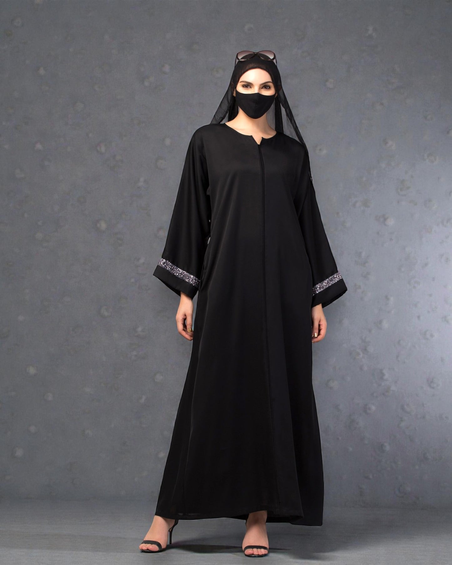 "Nida Satin Closed Abaya: Silver Lace Sleeves, Wide Sleeves, and Matching Stole"