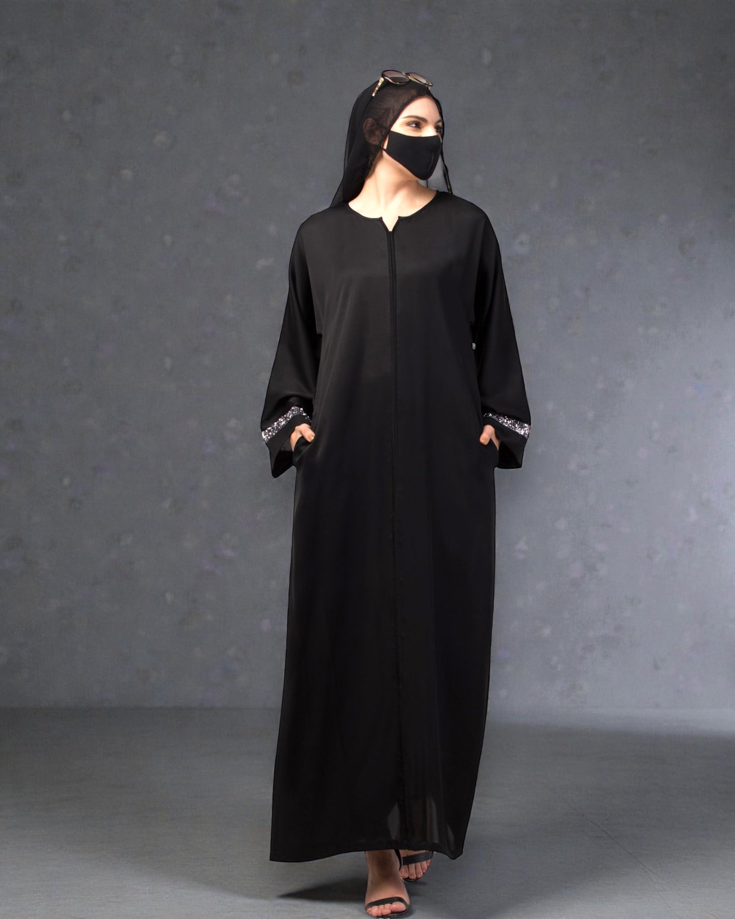 "Nida Satin Closed Abaya: Silver Lace Sleeves, Wide Sleeves, and Matching Stole"
