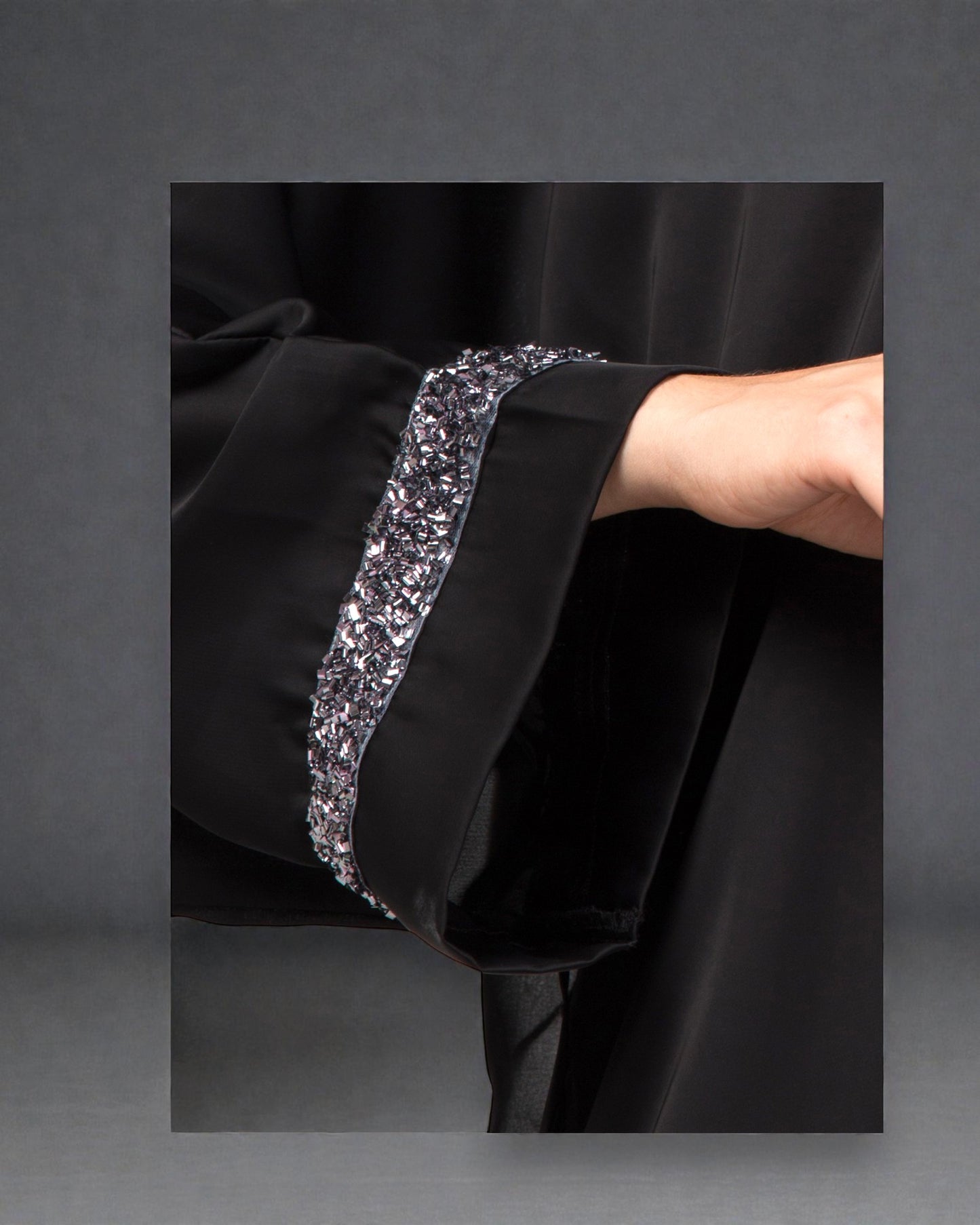 "Nida Satin Closed Abaya: Silver Lace Sleeves, Wide Sleeves, and Matching Stole"