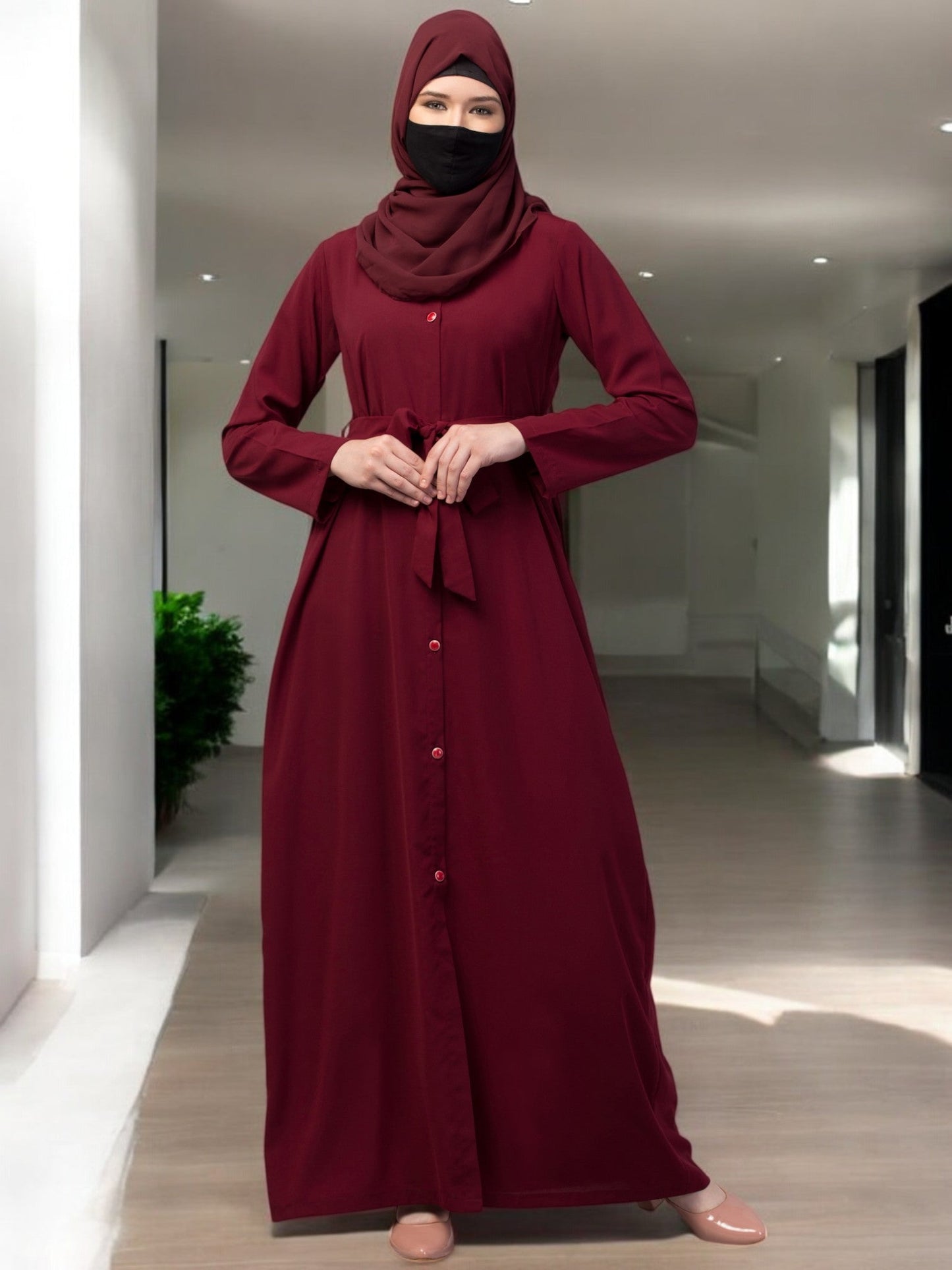 Front Open Abaya With Matching Fabric Belt