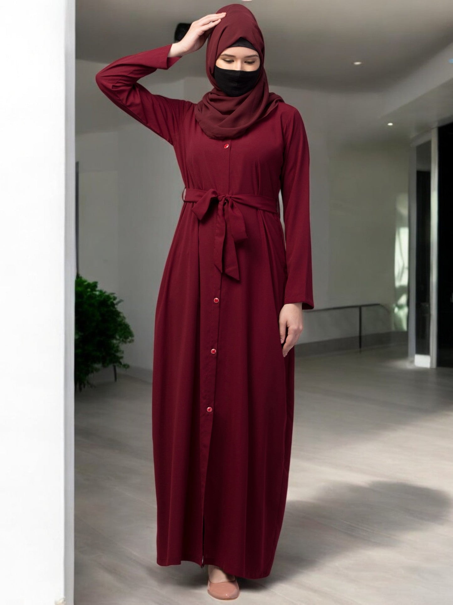 Front Open Abaya With Matching Fabric Belt