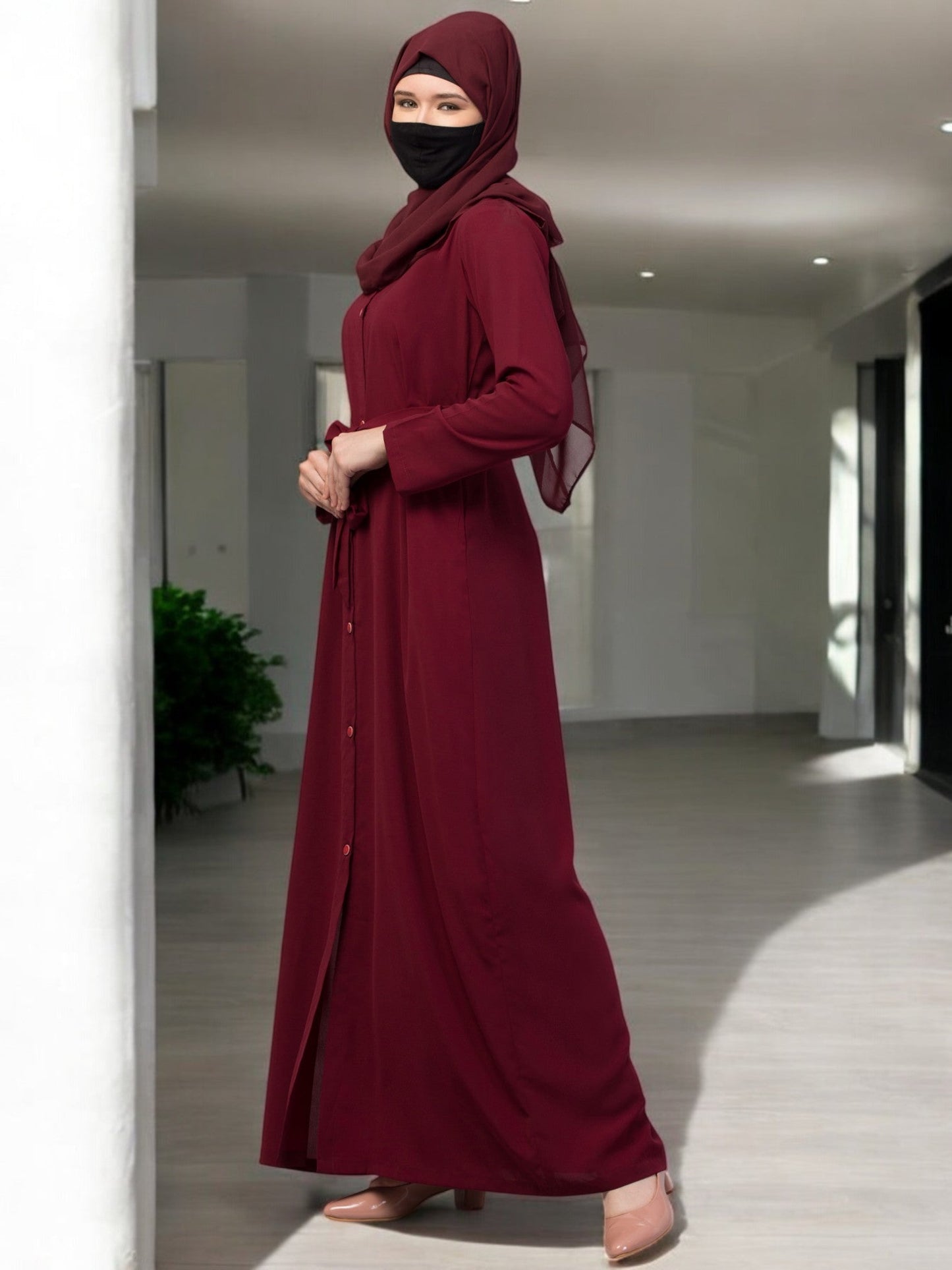 Front Open Abaya With Matching Fabric Belt