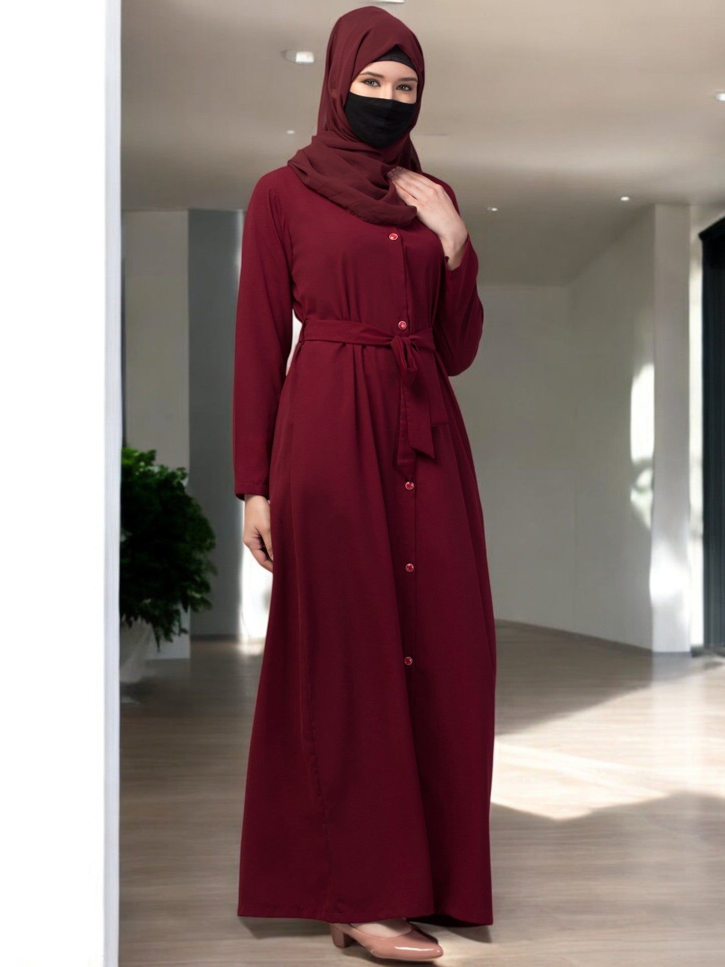 Front Open Abaya With Matching Fabric Belt