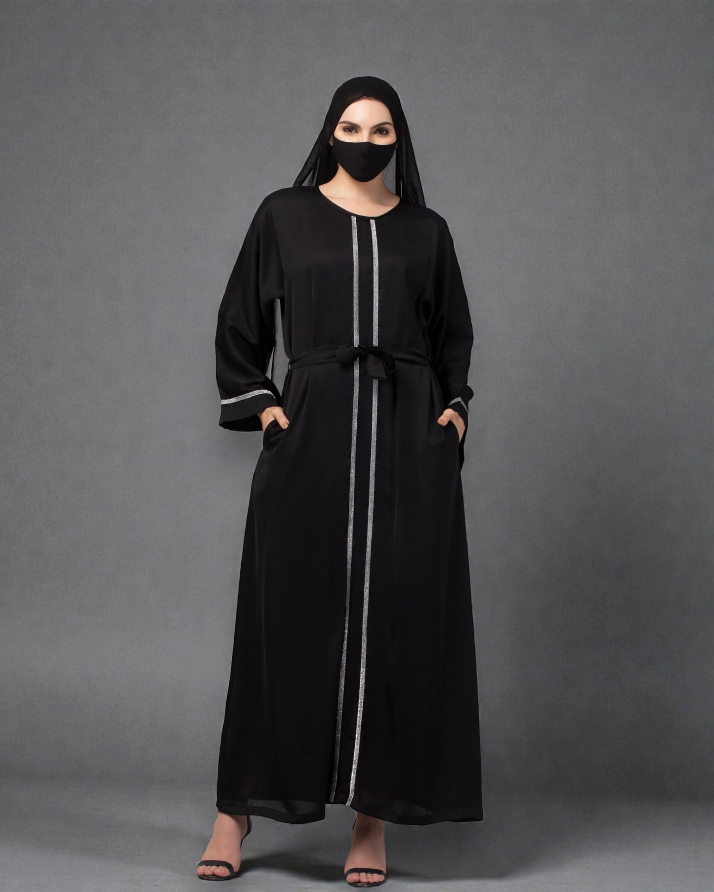 "Nida Satin Closed Abaya: Silver Lacework on Sleeves and Front, Wide Sleeves, and Matching Stole"