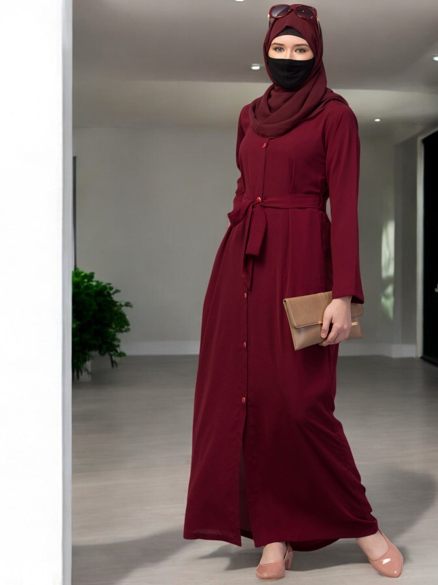 Front Open Abaya With Matching Fabric Belt