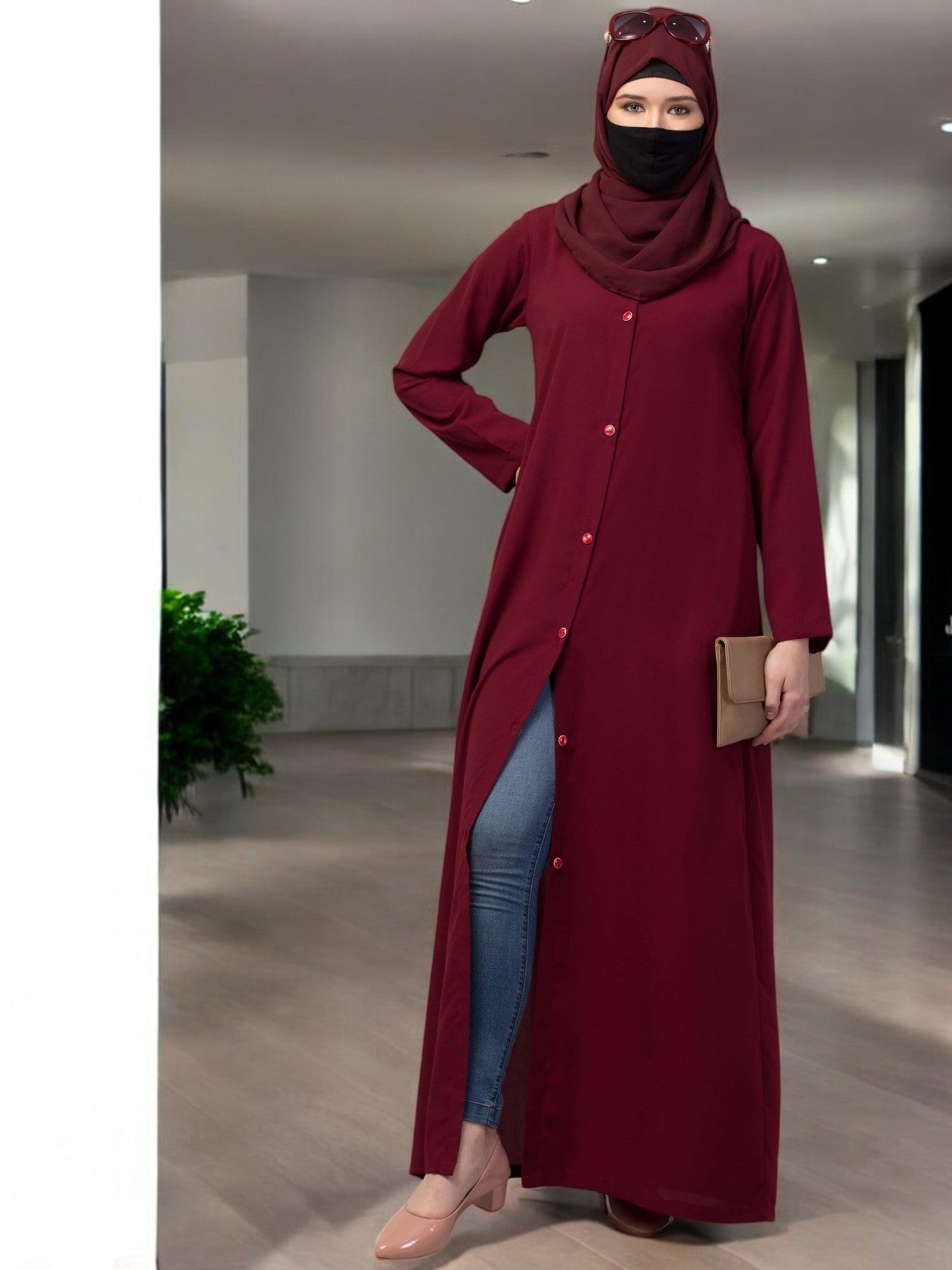 Front Open Abaya With Matching Fabric Belt