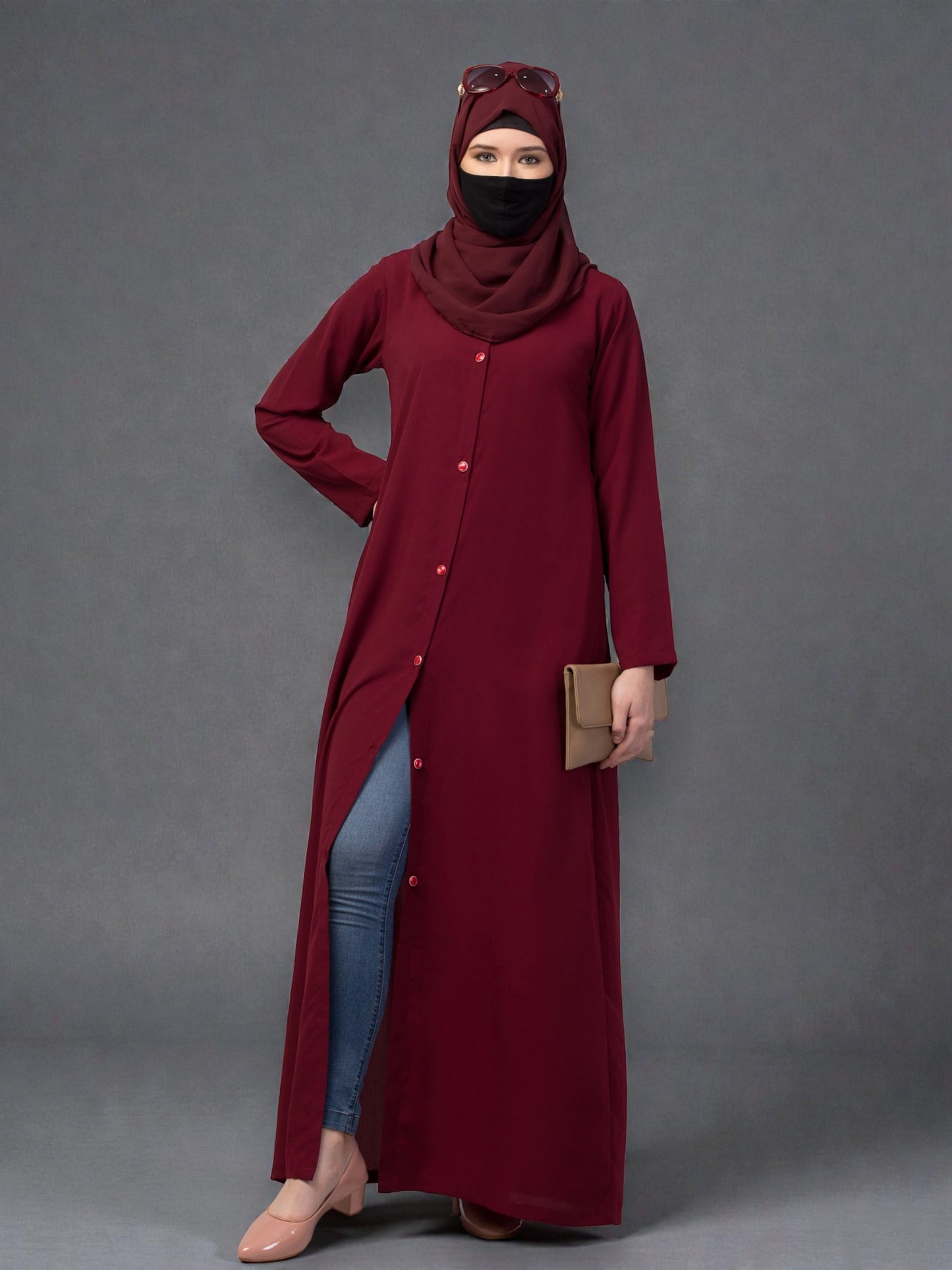Front Open Abaya In Firdaus Fabric With Pockets & Matching Belt
