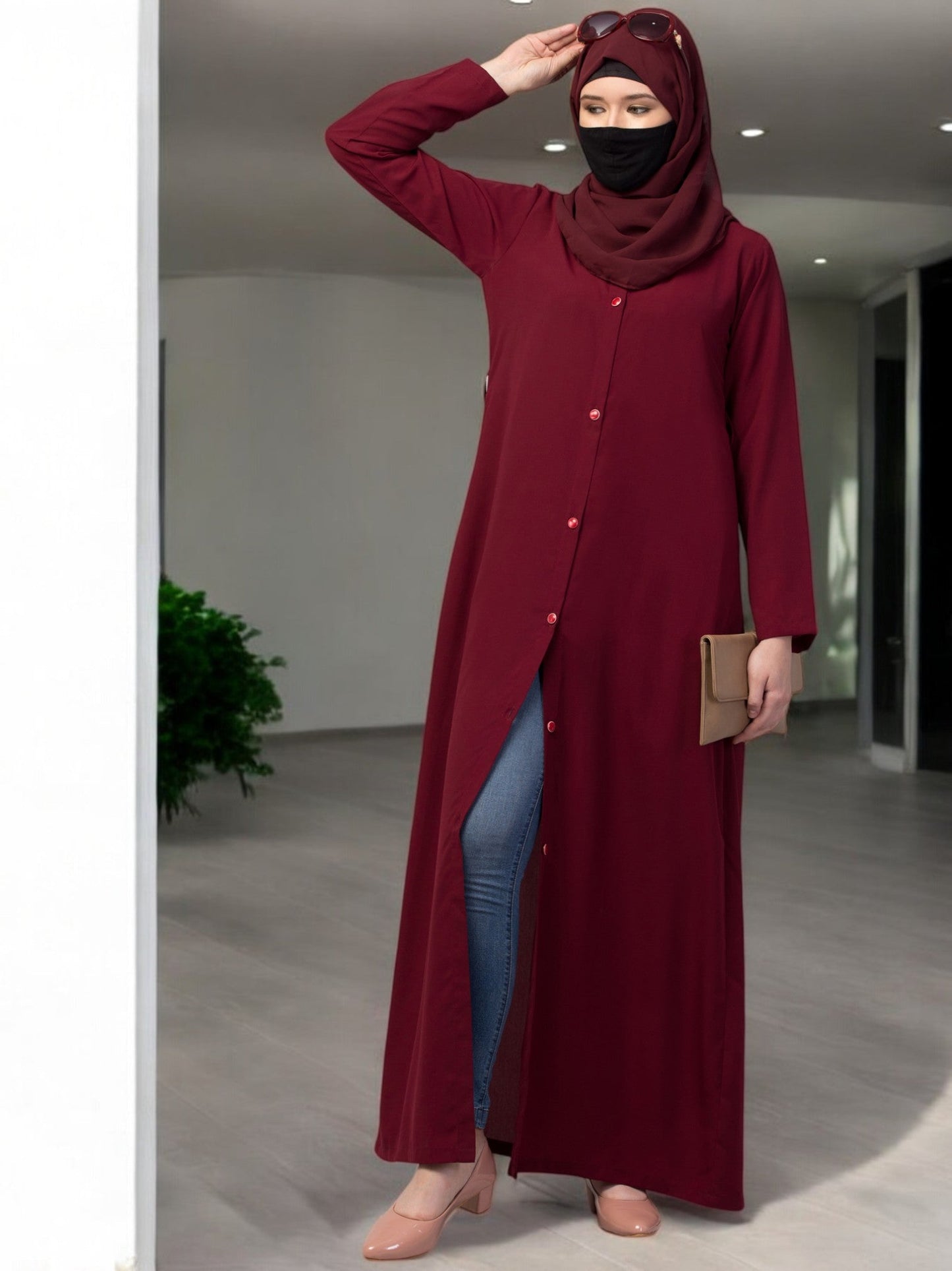 Front Open Abaya With Matching Fabric Belt