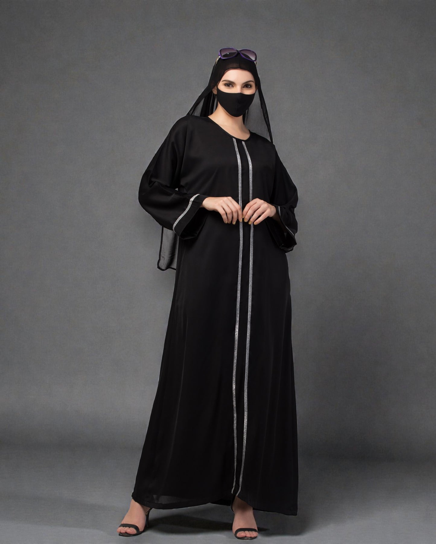 "Nida Satin Closed Abaya: Silver Lacework on Sleeves and Front, Wide Sleeves, and Matching Stole"