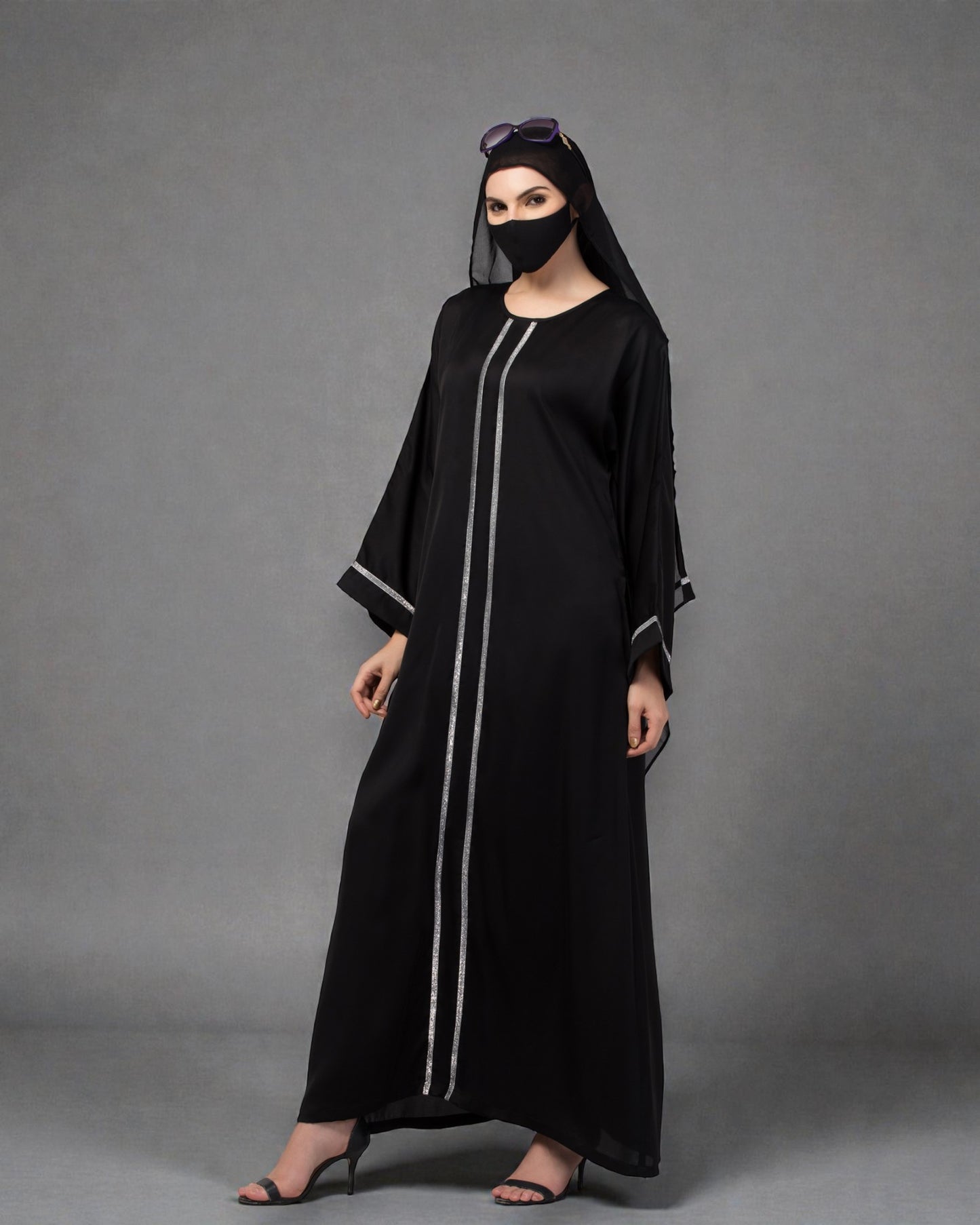 "Nida Satin Closed Abaya: Silver Lacework on Sleeves and Front, Wide Sleeves, and Matching Stole"