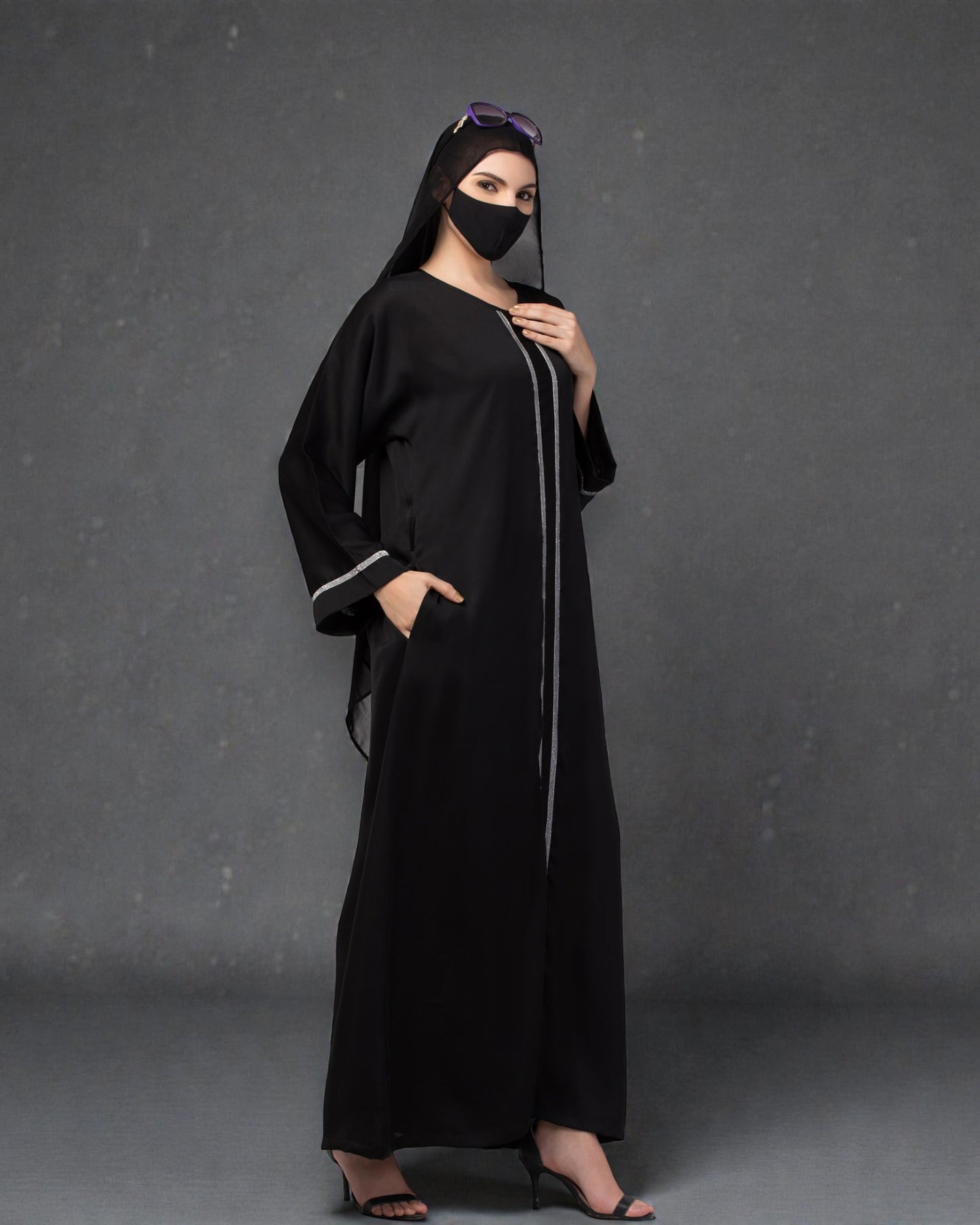 "Nida Satin Closed Abaya: Silver Lacework on Sleeves and Front, Wide Sleeves, and Matching Stole"