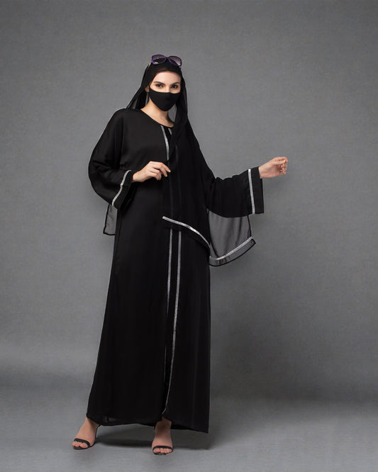 "Nida Satin Closed Abaya: Silver Lacework on Sleeves and Front, Wide Sleeves, and Matching Stole"