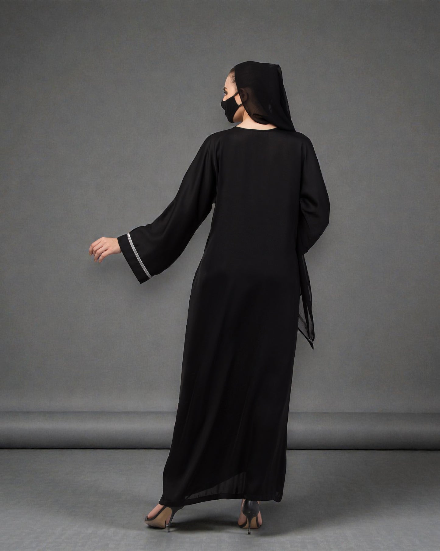 "Nida Satin Closed Abaya: Silver Lacework on Sleeves and Front, Wide Sleeves, and Matching Stole"