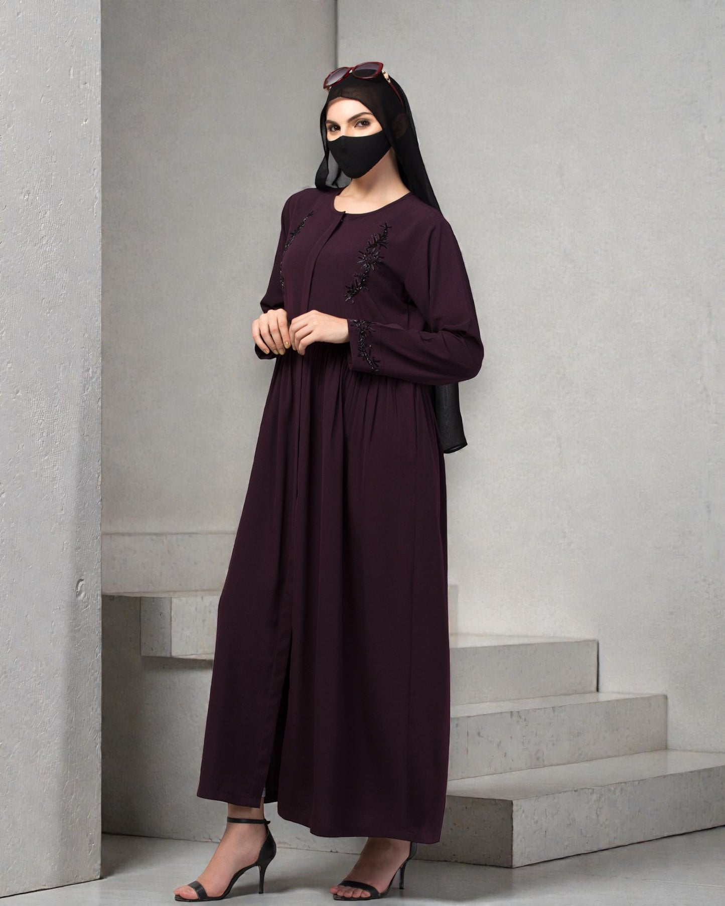 "CYE Crush Front Open Abaya: Elegant Handwork Embellishments with Matching Stole"
