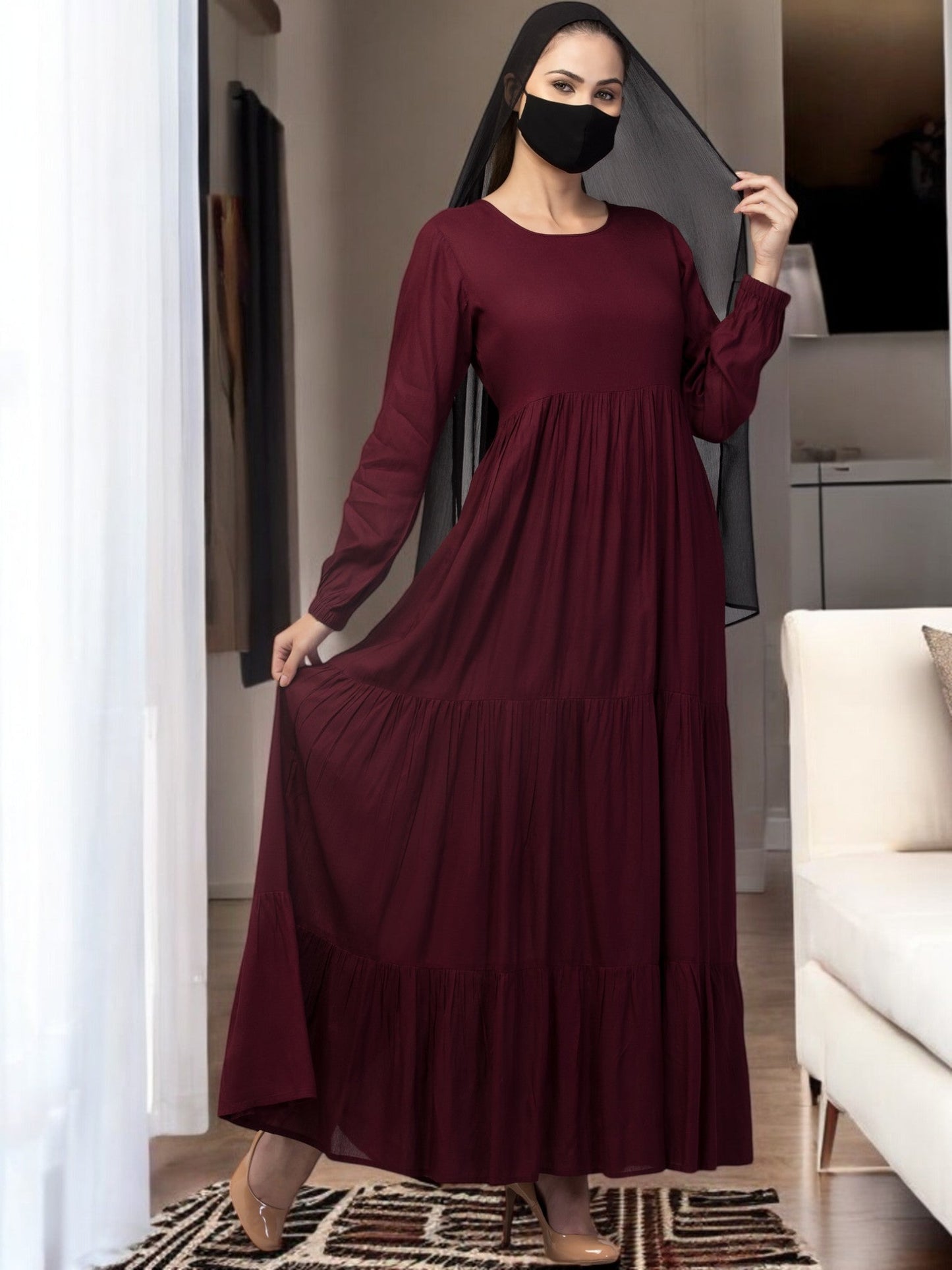 Multi Layered- Maxi Dress With Elasticated Sleeves