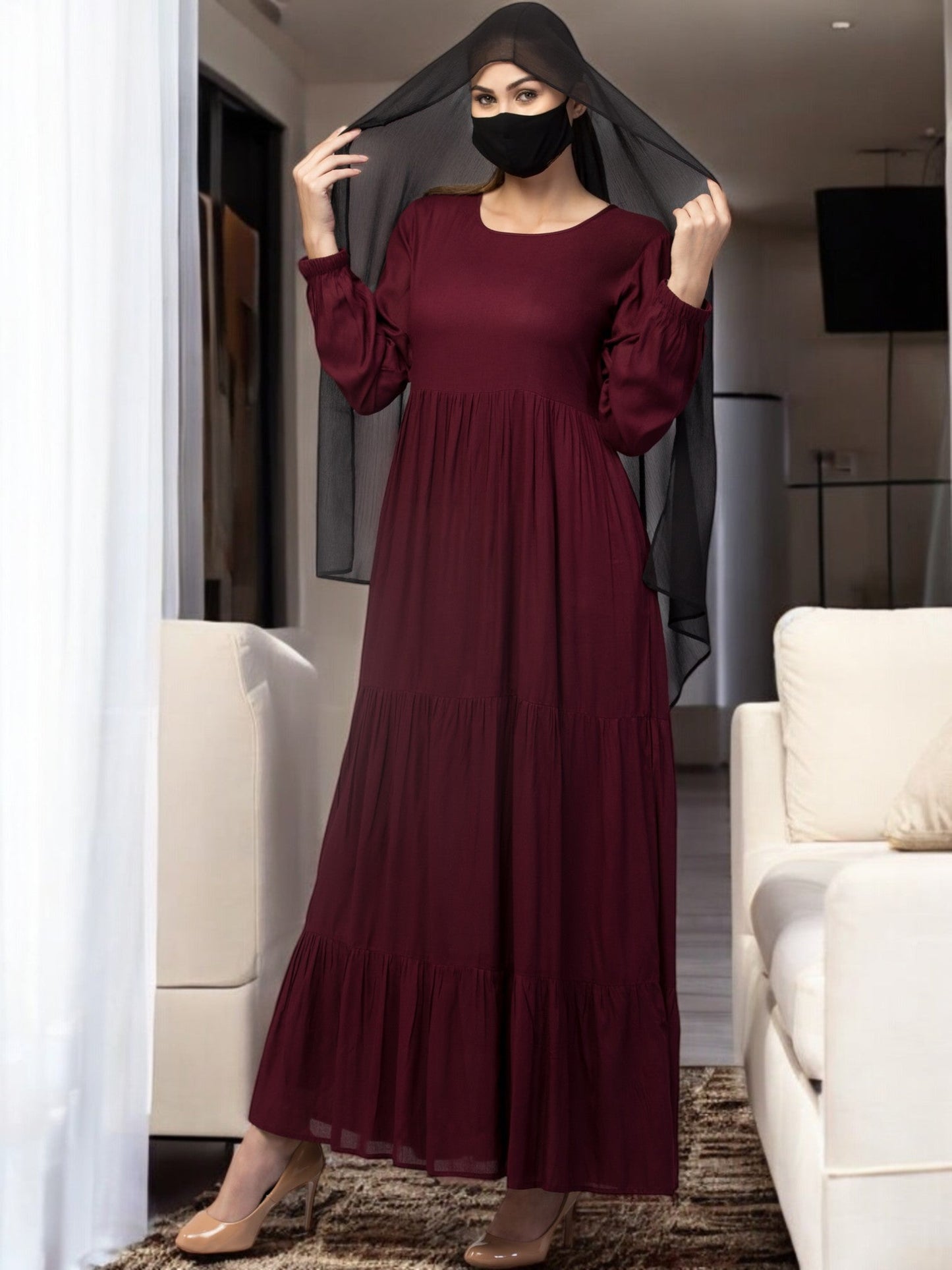 Multi Layered- Maxi Dress With Elasticated Sleeves