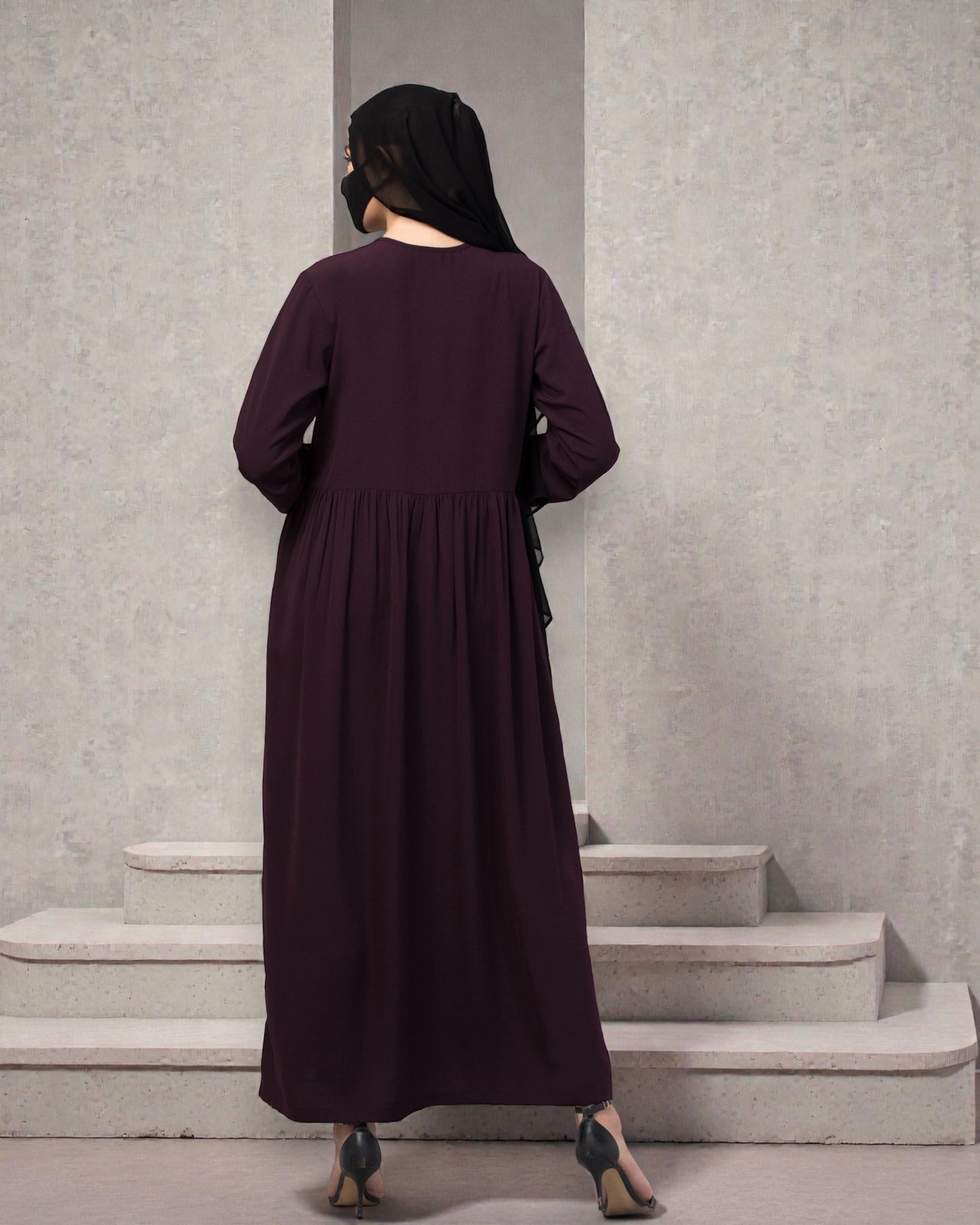 "CYE Crush Front Open Abaya: Elegant Handwork Embellishments with Matching Stole"