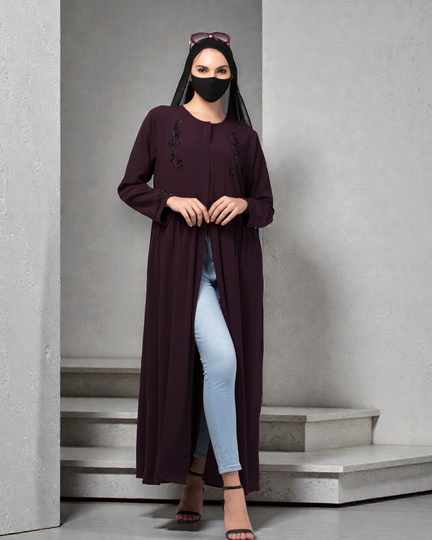 "CYE Crush Front Open Abaya: Elegant Handwork Embellishments with Matching Stole"