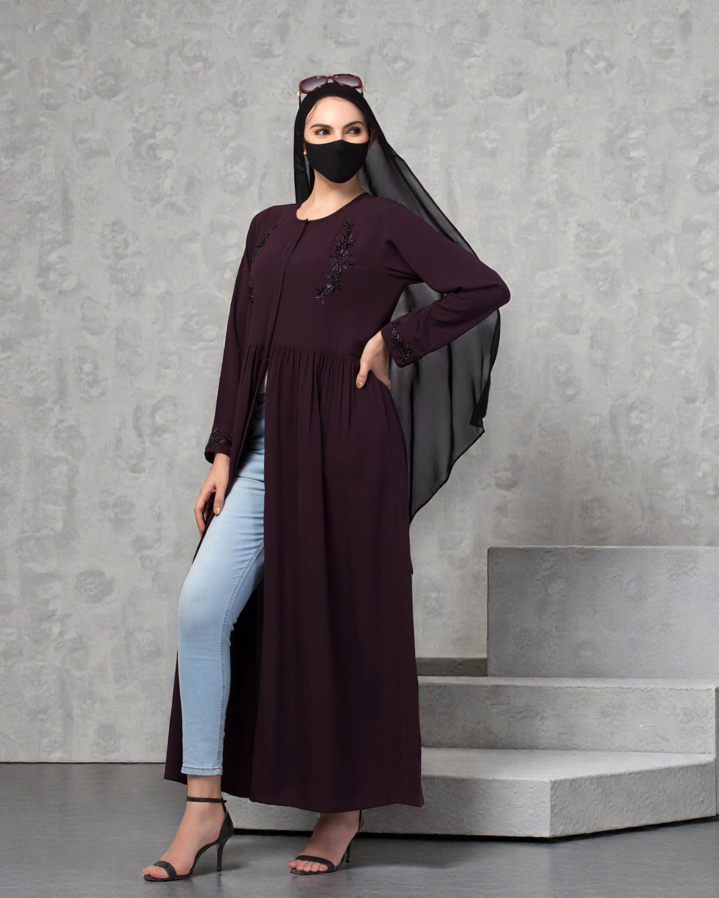 "CYE Crush Front Open Abaya: Elegant Handwork Embellishments with Matching Stole"