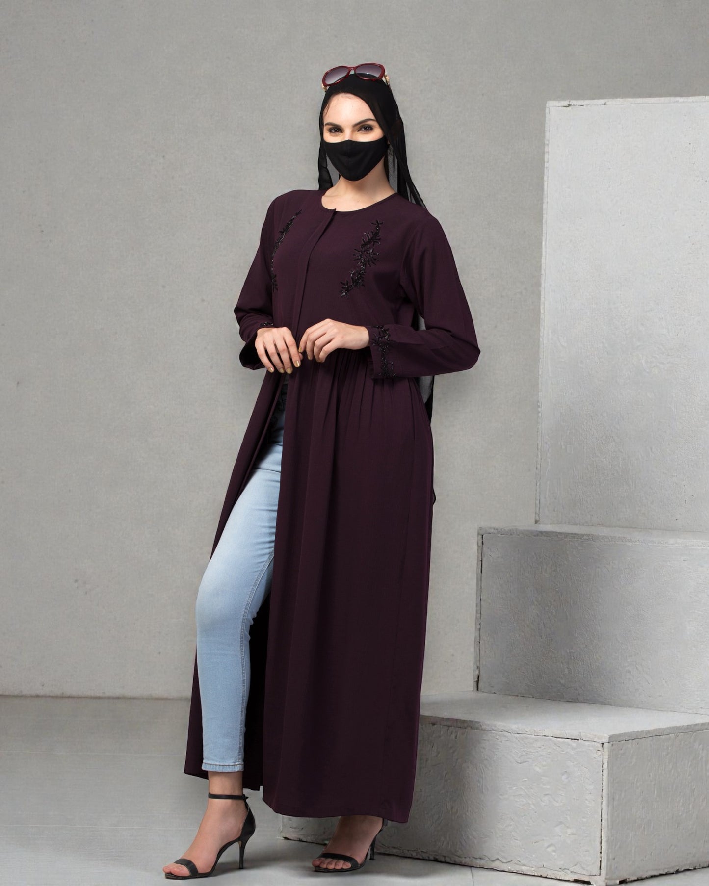 "CYE Crush Front Open Abaya: Elegant Handwork Embellishments with Matching Stole"