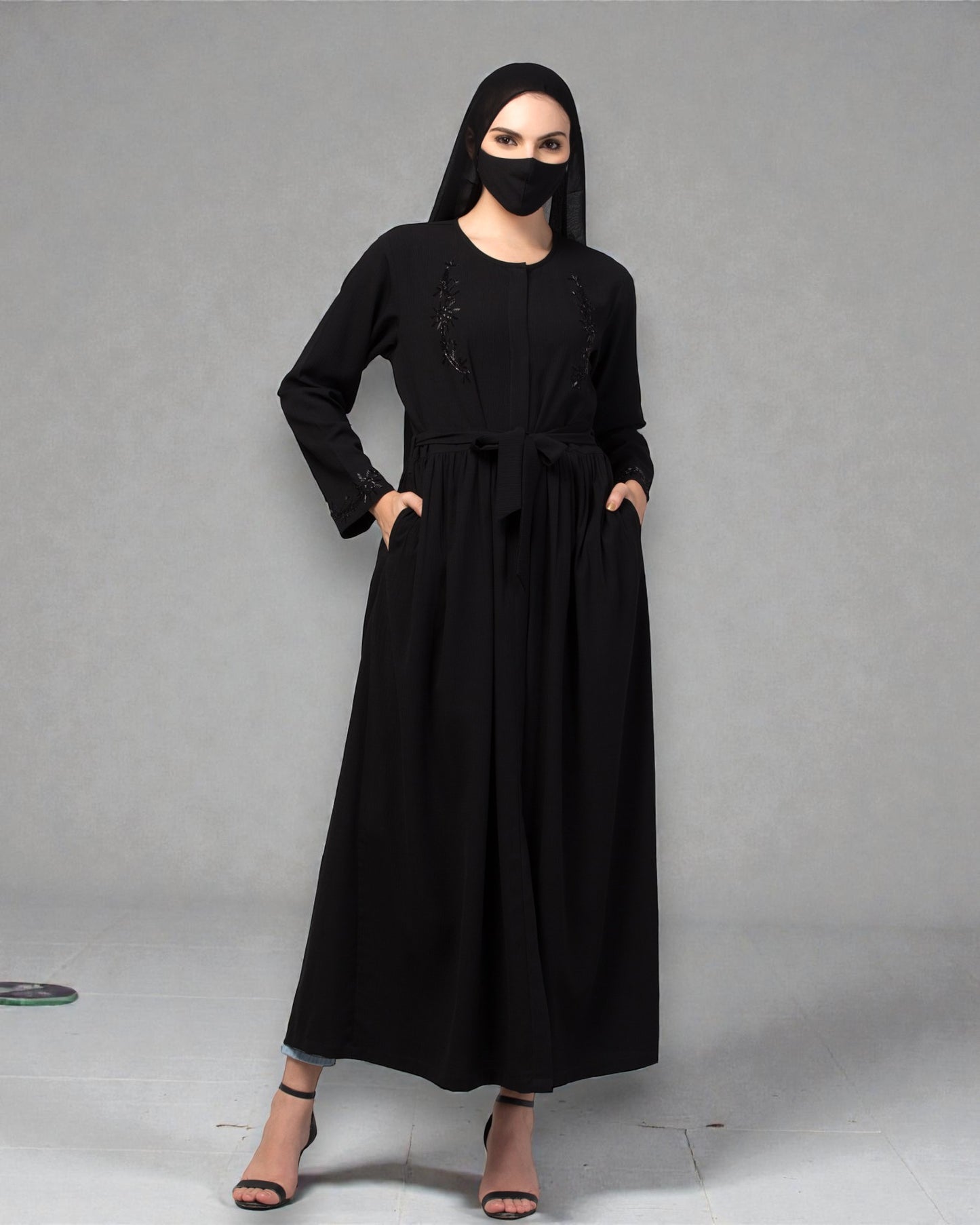 "CYE Crush Front Open Abaya: Elegant Handwork Embellishments with Matching Stole"
