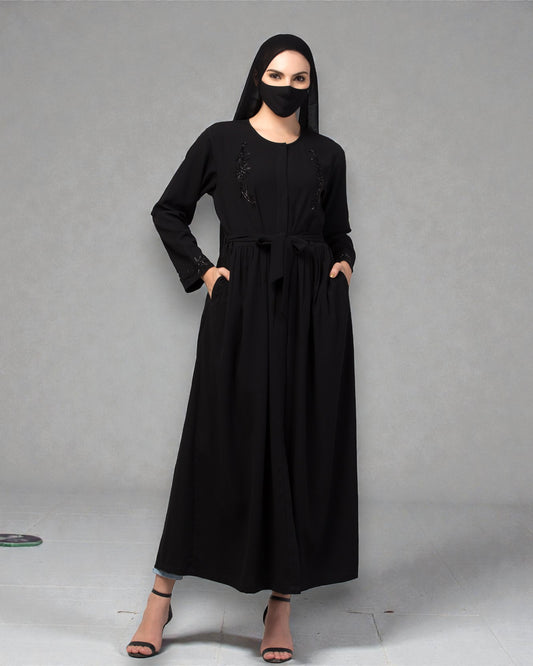 "CYE Crush Front Open Abaya: Elegant Handwork Embellishments with Matching Stole"