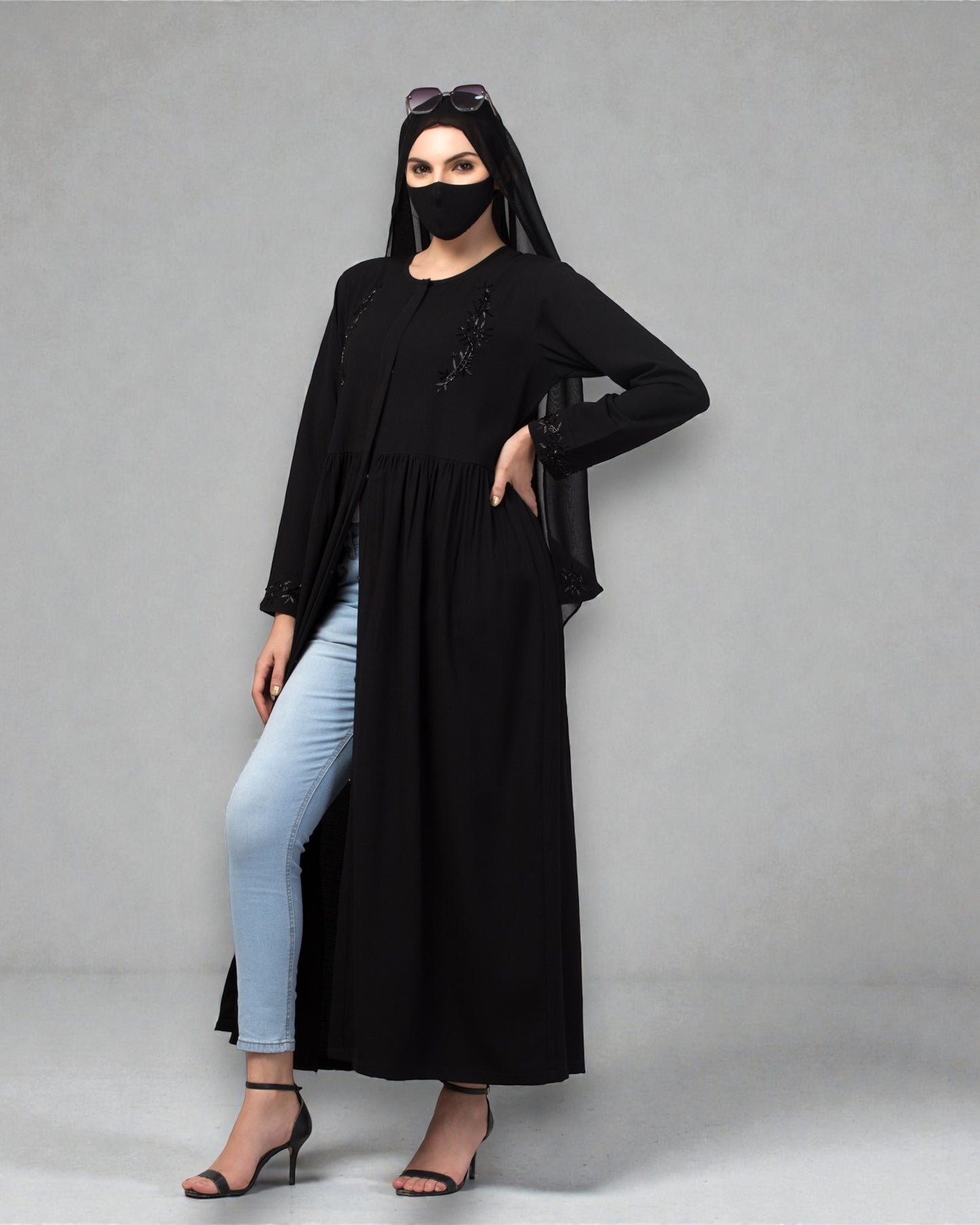 "CYE Crush Front Open Abaya: Elegant Handwork Embellishments with Matching Stole"