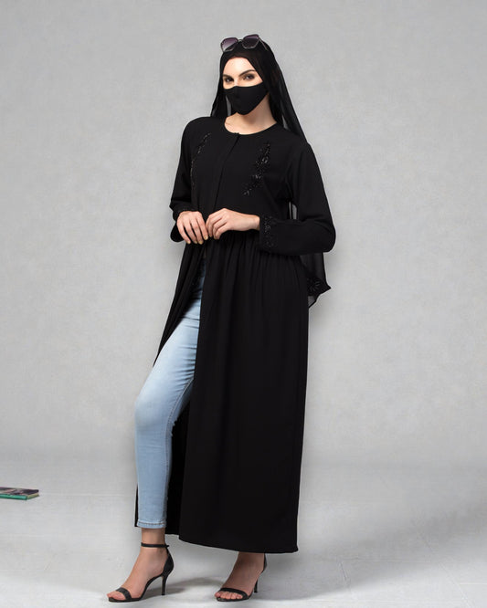 "CYE Crush Front Open Abaya: Elegant Handwork Embellishments with Matching Stole"