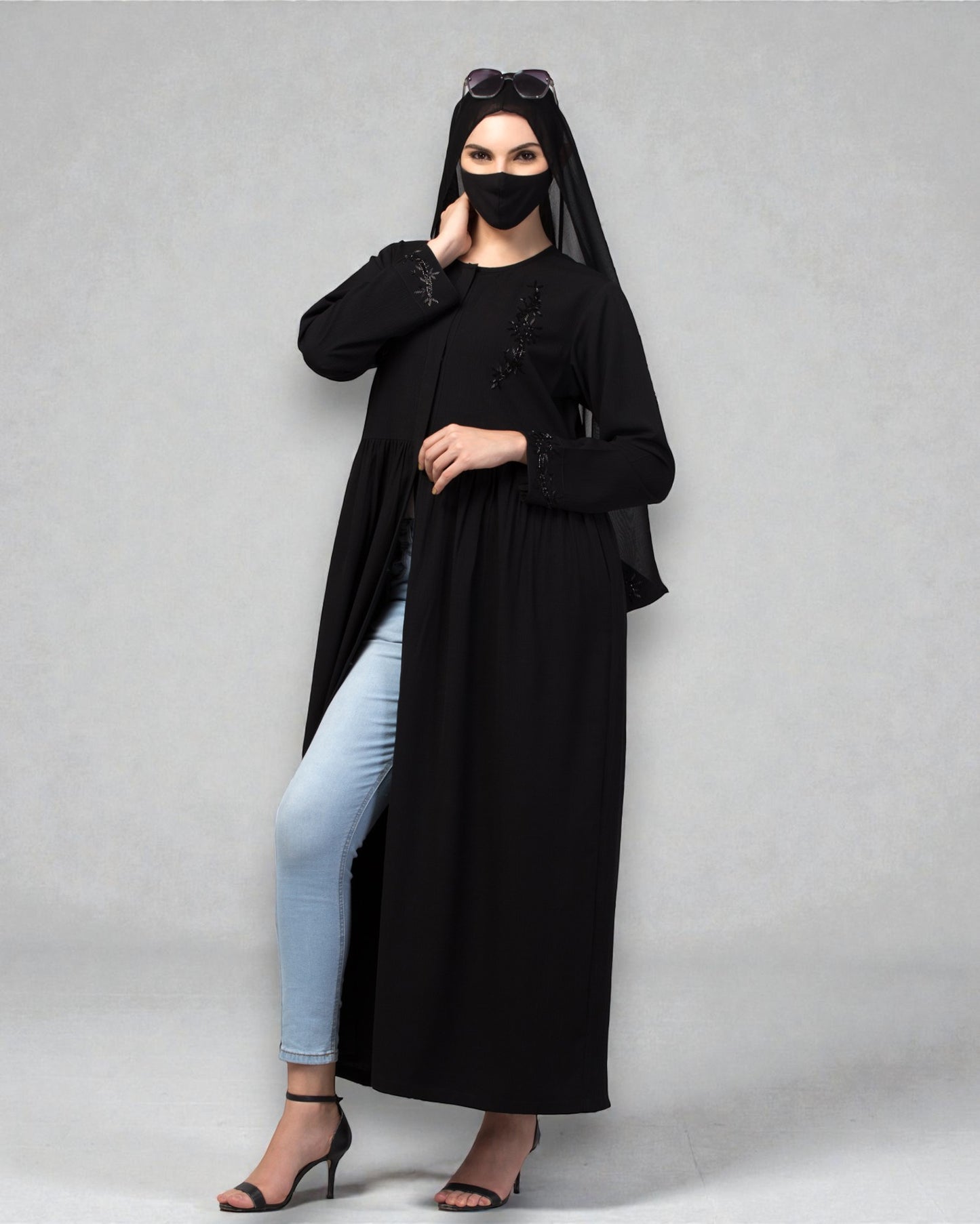 "CYE Crush Front Open Abaya: Elegant Handwork Embellishments with Matching Stole"