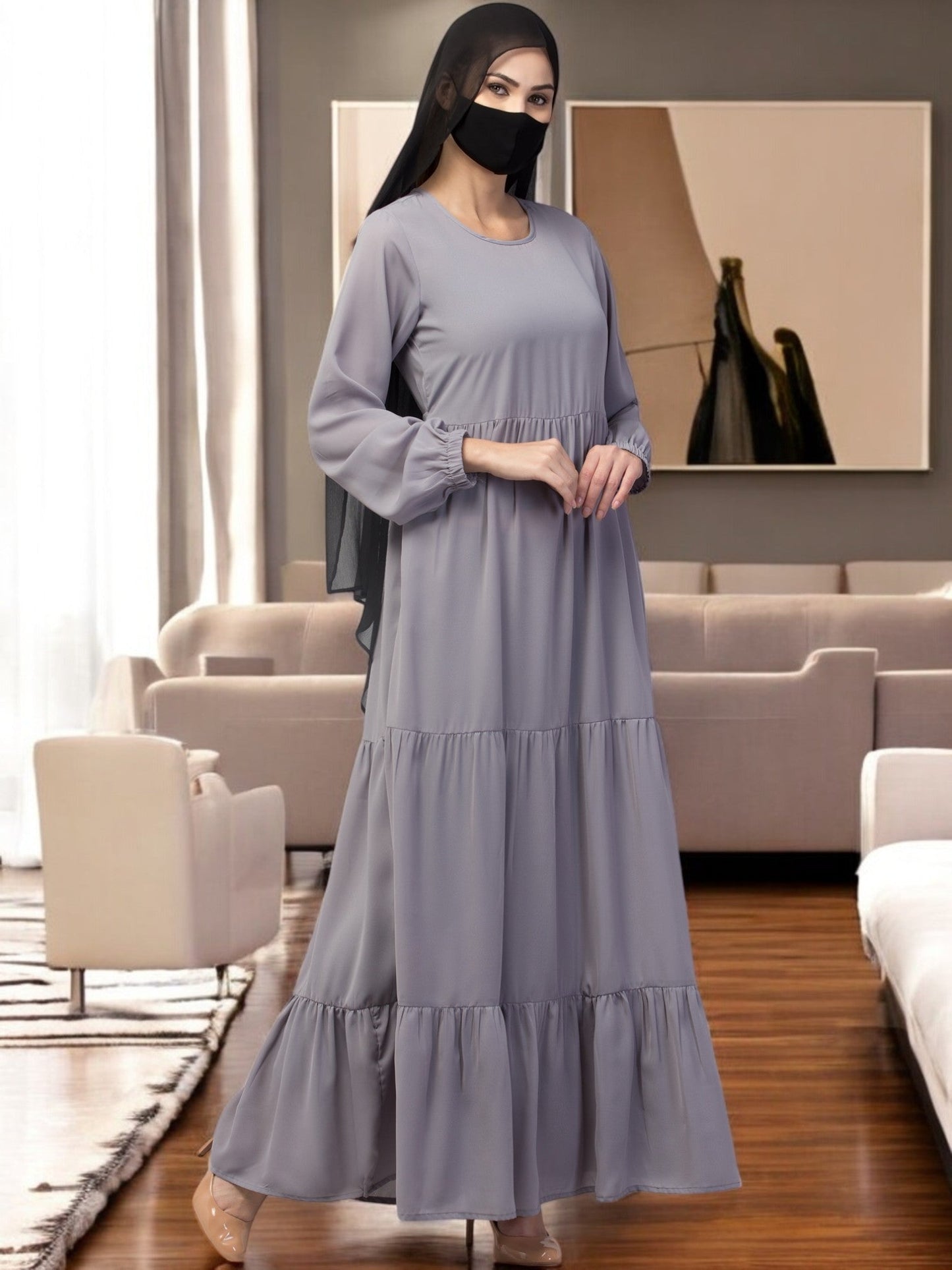 Multi Layered- Maxi Dress With Elasticated Sleeves