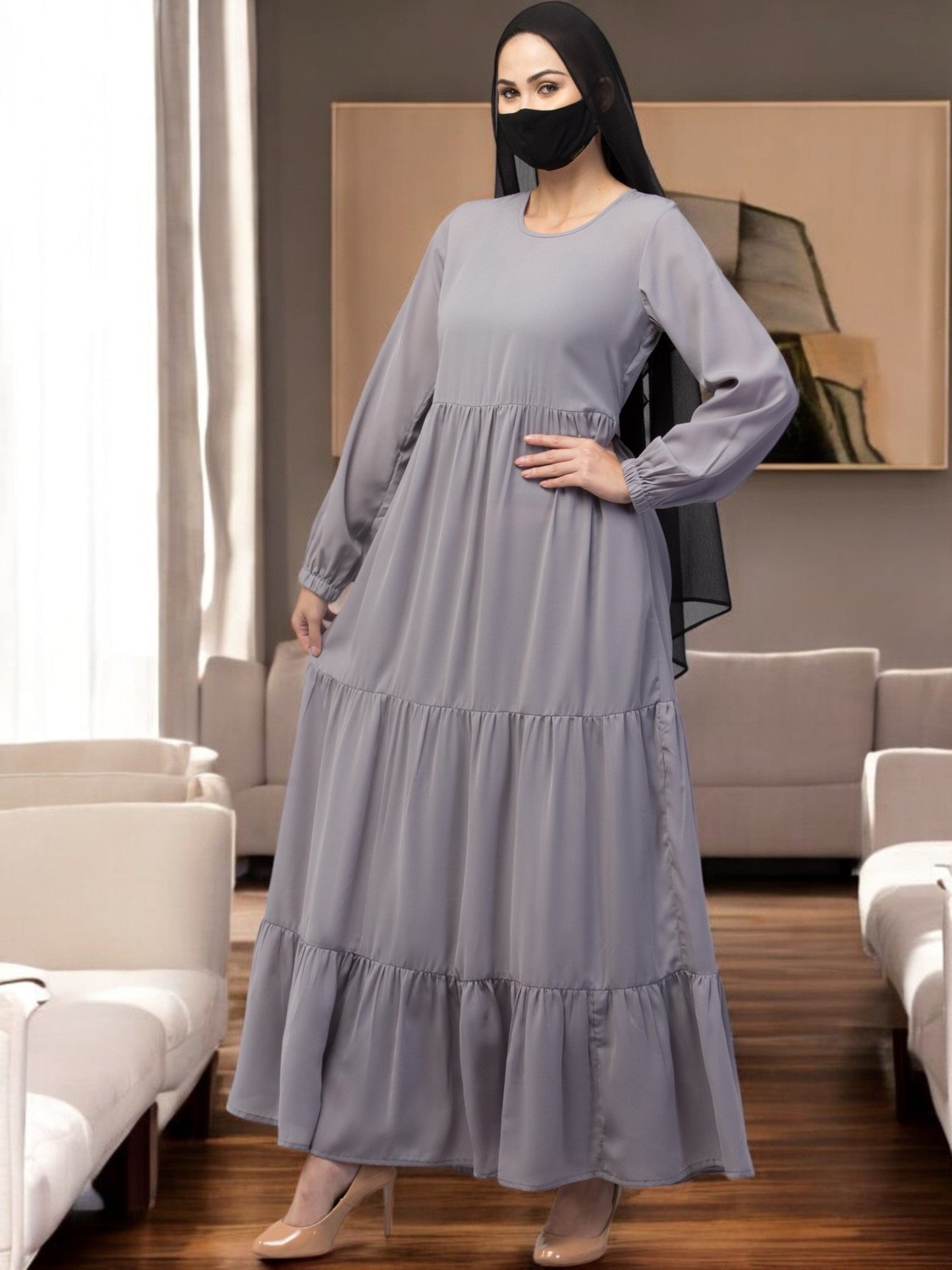 Multi Layered- Maxi Dress With Elasticated Sleeves