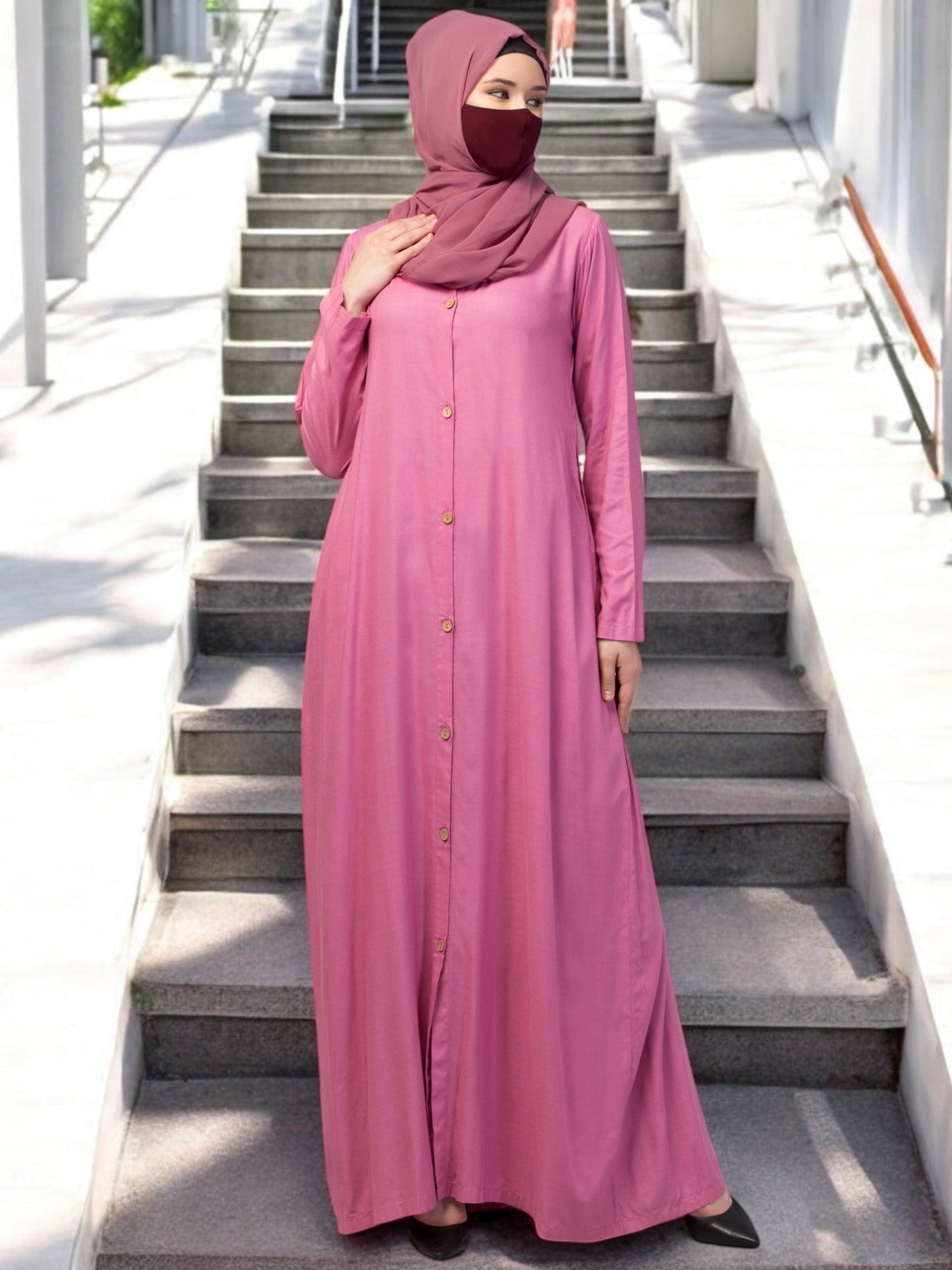 Elegant Front Open Abaya Dress with Wooden Button