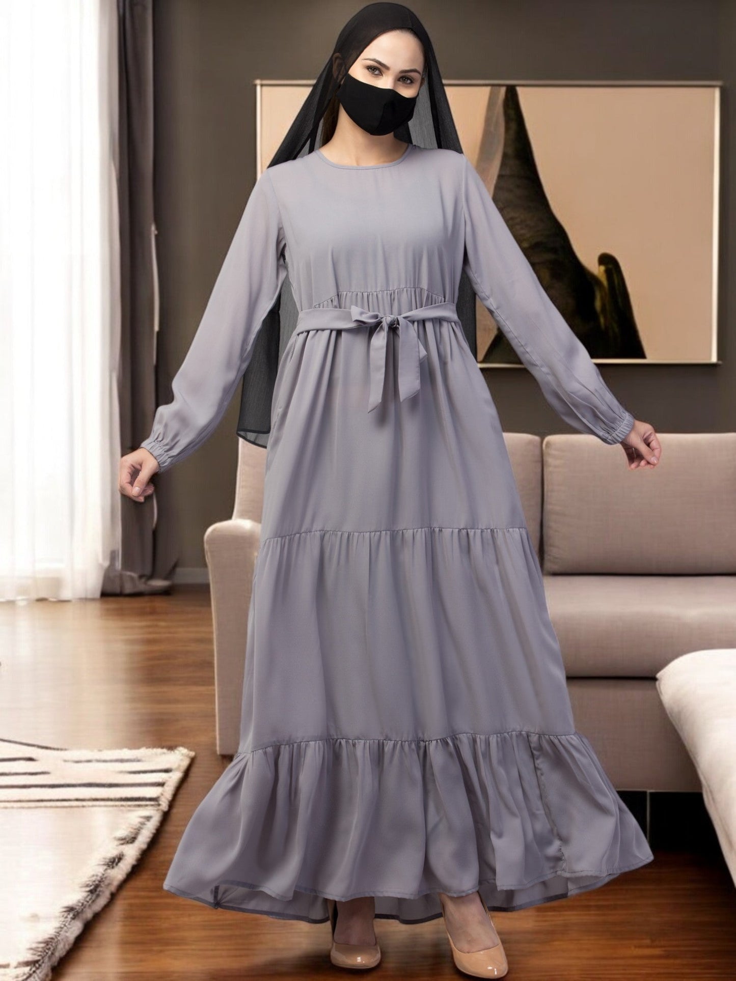 Multi Layered- Maxi Dress With Elasticated Sleeves