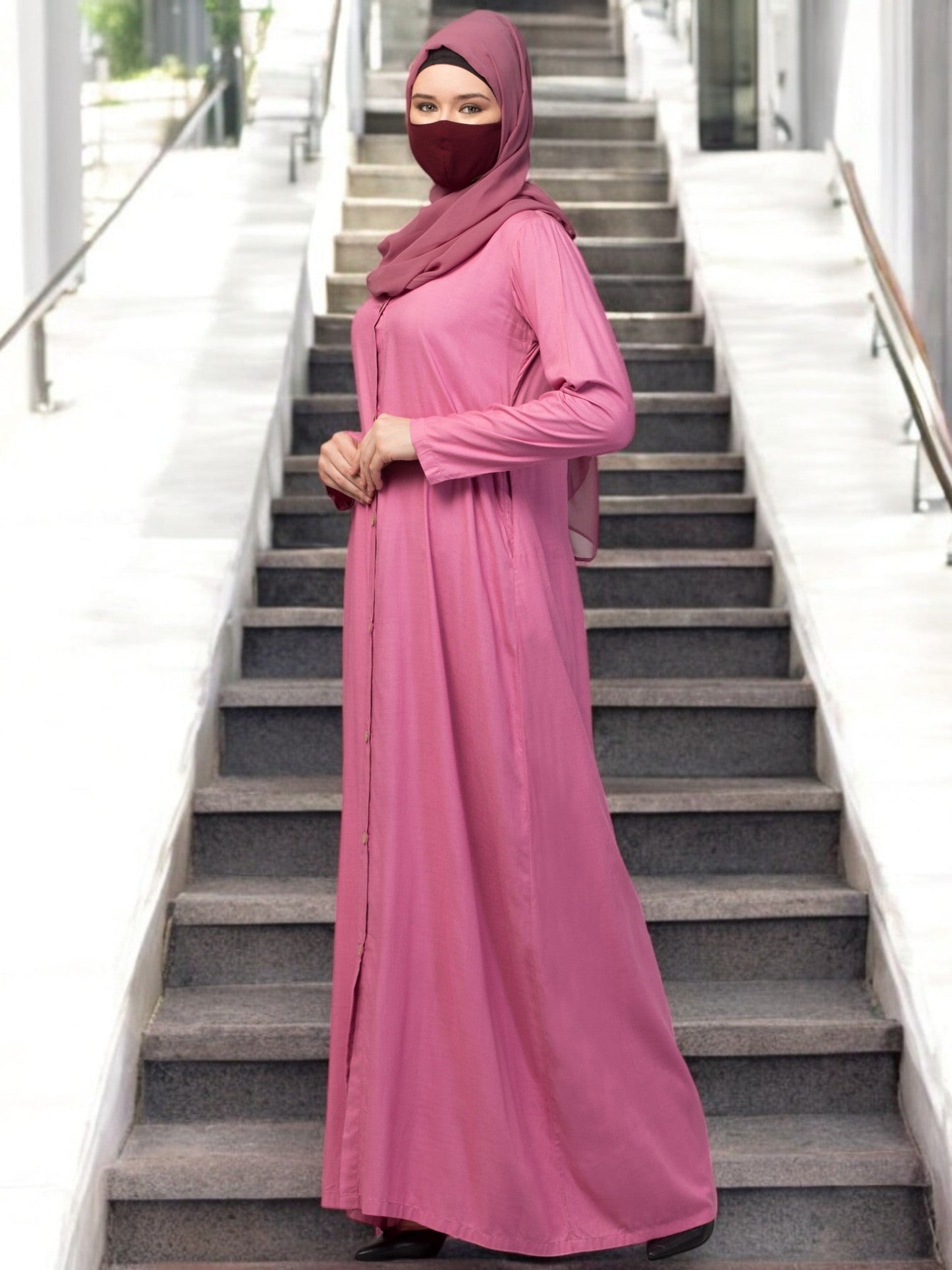 Elegant Front Open Abaya Dress with Wooden Button