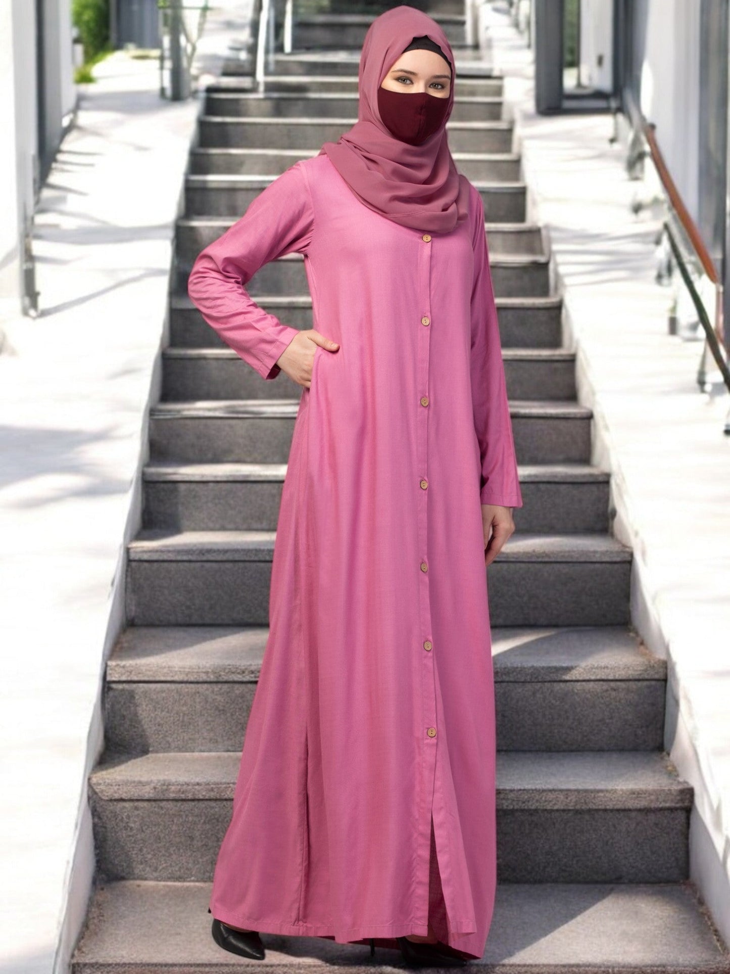 Elegant Front Open Abaya Dress with Wooden Button