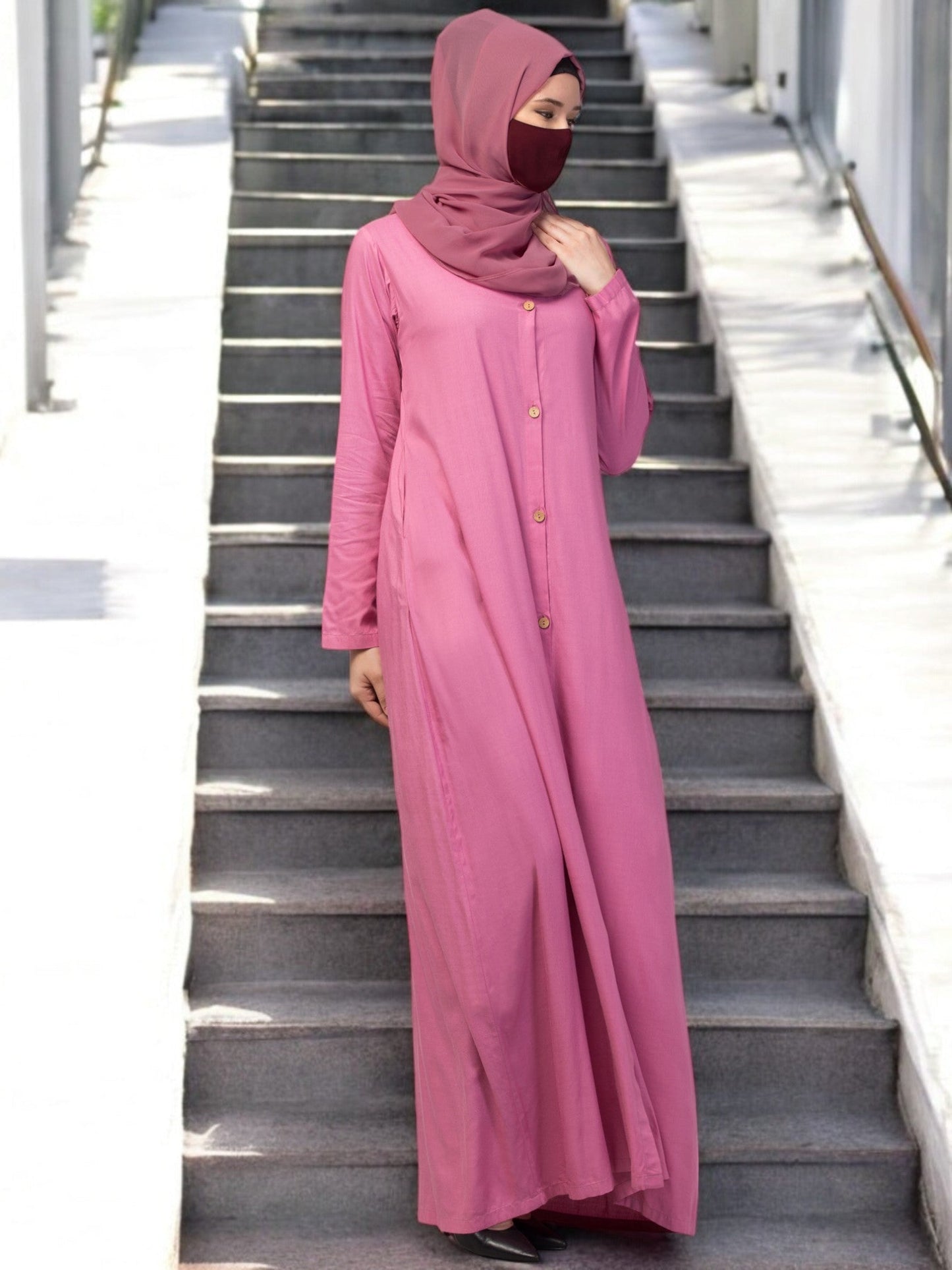 Elegant Front Open Abaya Dress with Wooden Button
