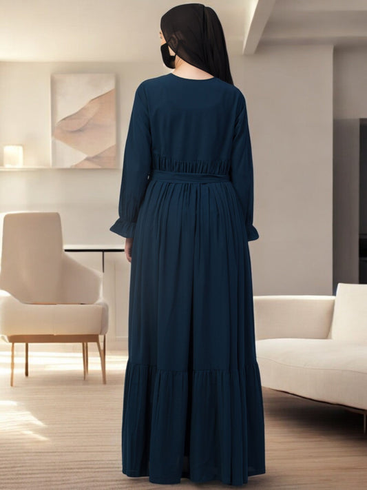 Multi Layered Abaya Dress With Belt & Elasticated Bell Sleeves