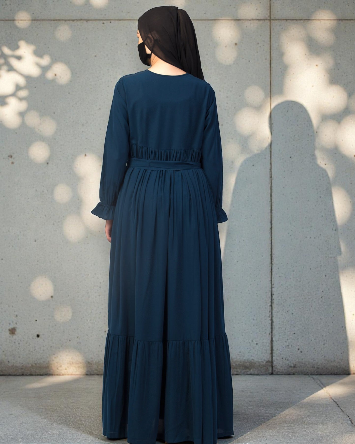 Multi Layered Maxi Dress With Belt & Elasticated Bell Sleeves