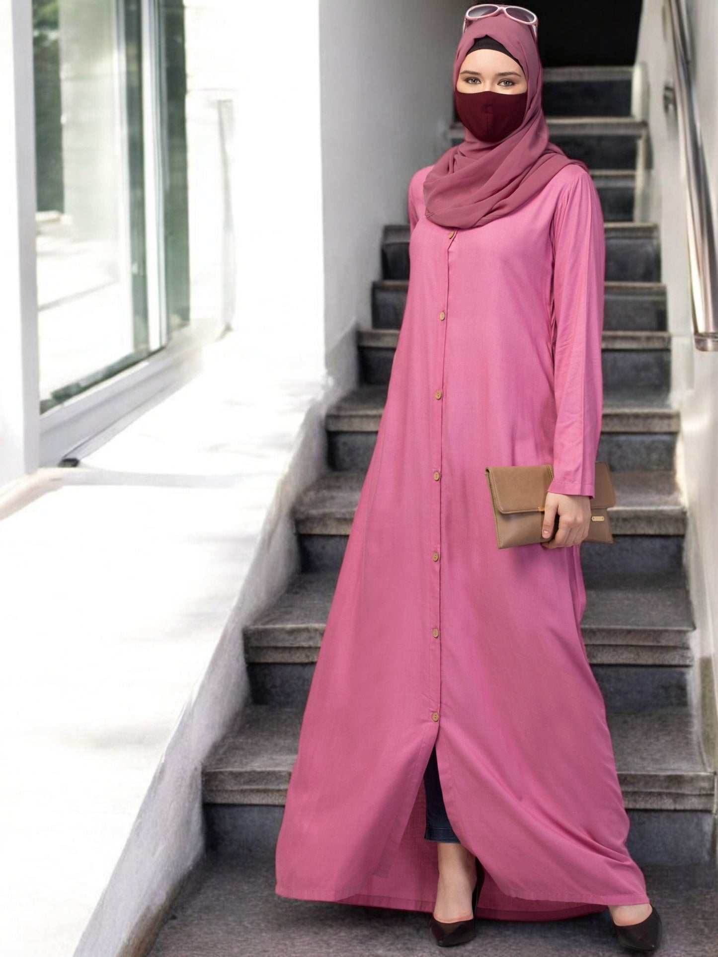 Elegant Front Open Abaya Dress with Wooden Button