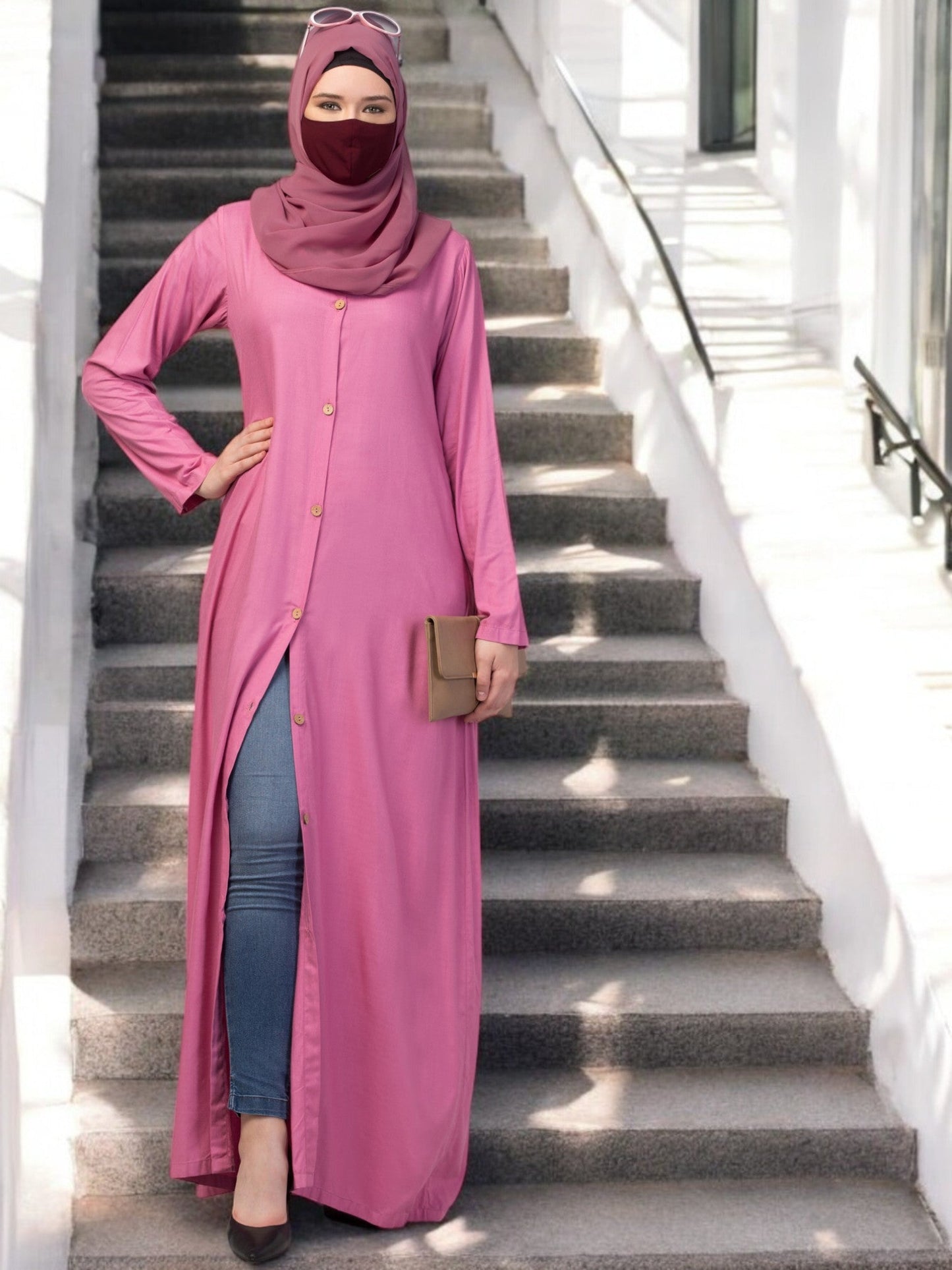Elegant Front Open Abaya Dress with Wooden Button