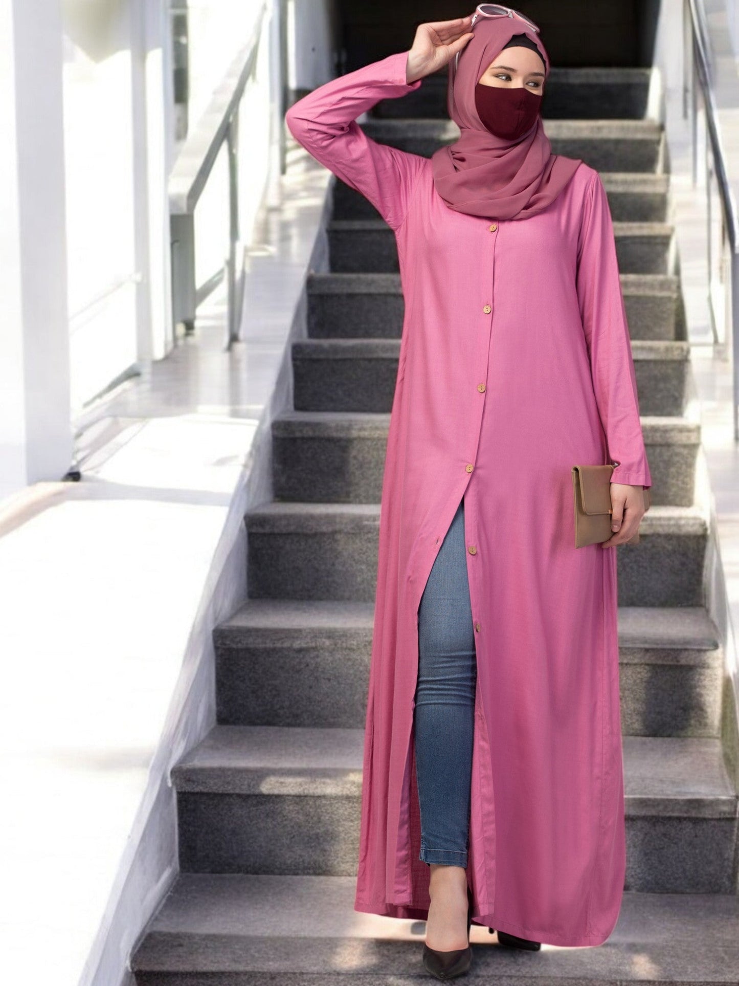 Elegant Front Open Abaya Dress with Wooden Button