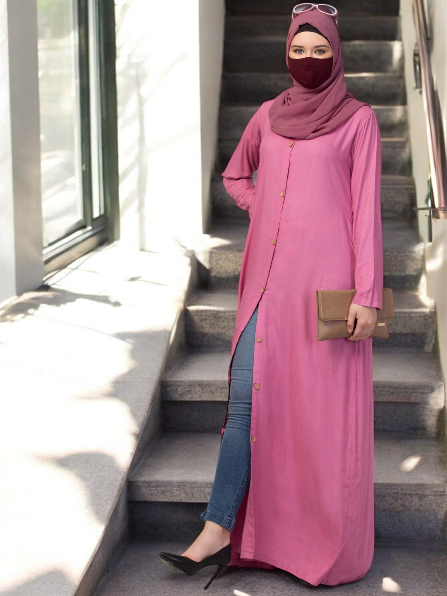 Elegant Front Open Abaya Dress with Wooden Button