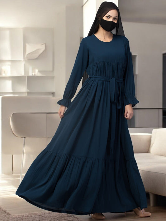 Multi Layered Abaya Dress With Belt & Elasticated Bell Sleeves