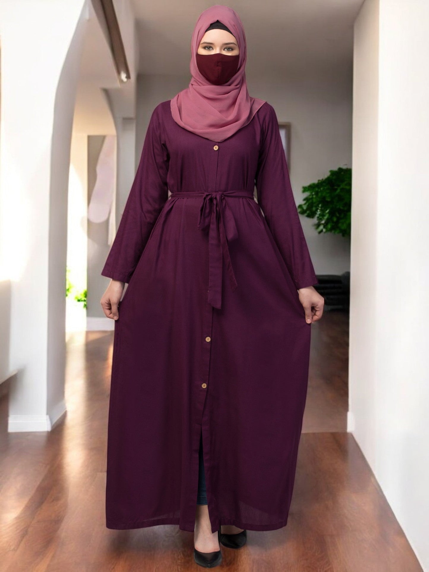 Elegant Front Open Abaya Dress with Wooden Button