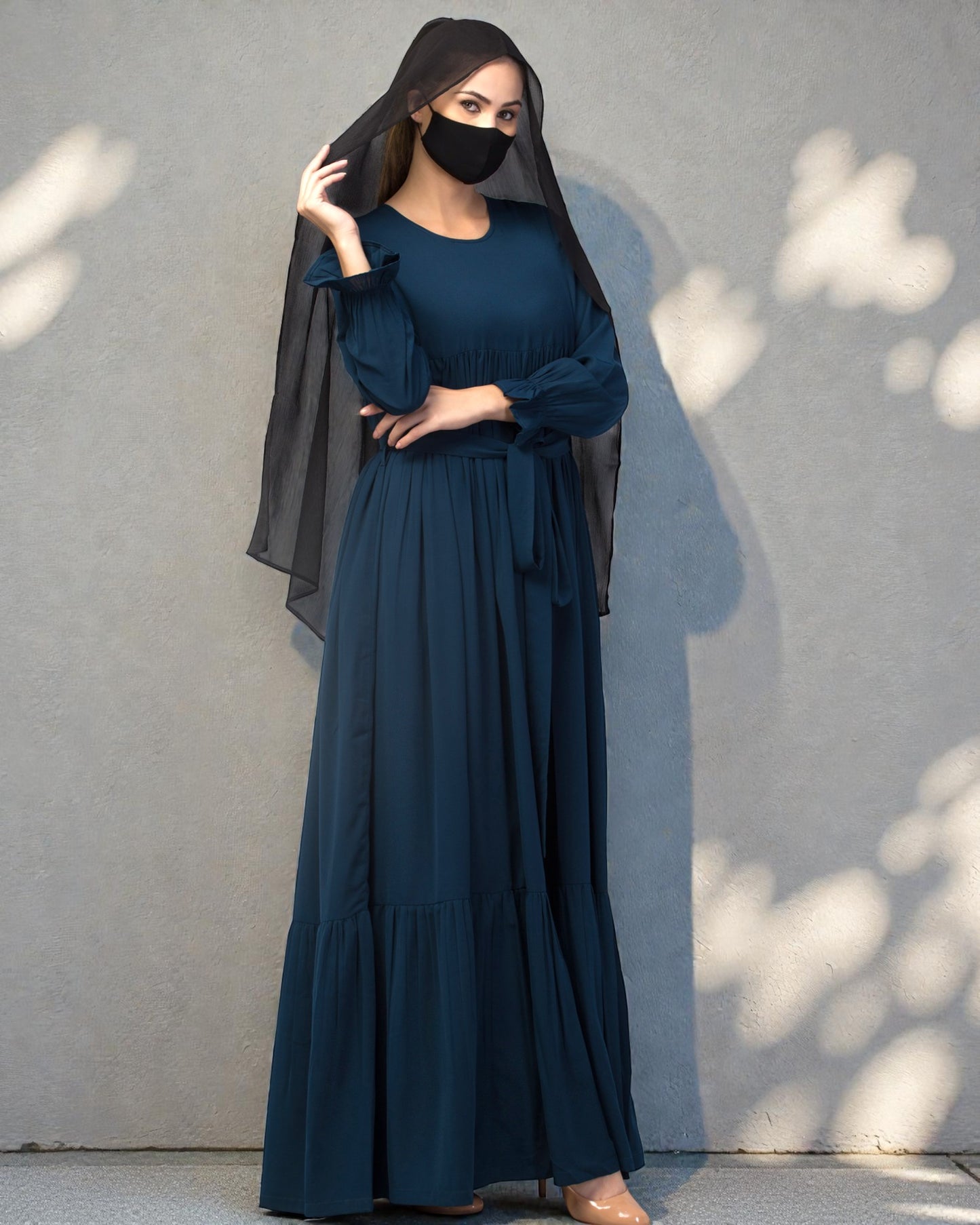 Multi Layered Maxi Dress With Belt & Elasticated Bell Sleeves