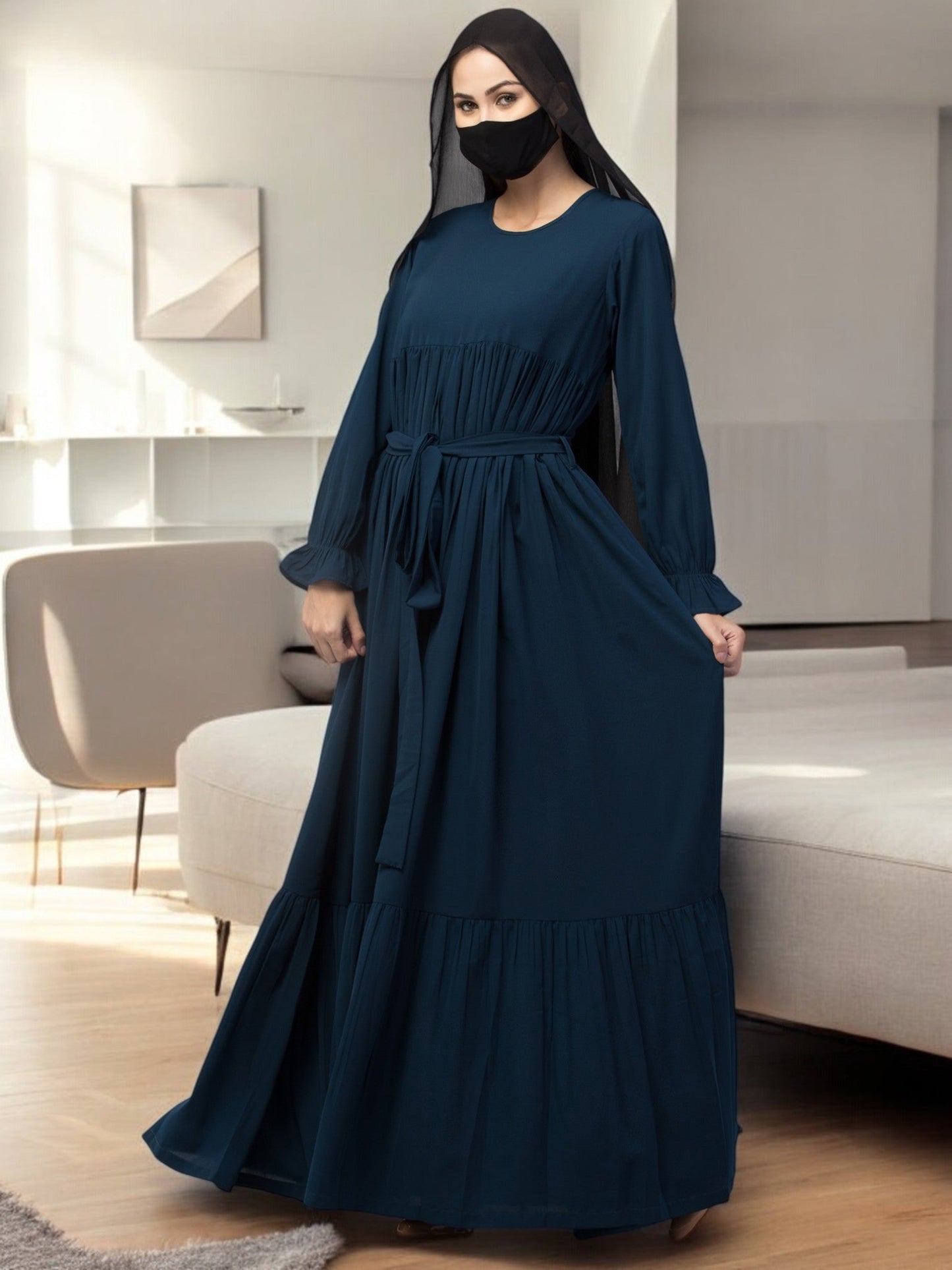 Multi Layered Abaya Dress With Belt & Elasticated Bell Sleeves
