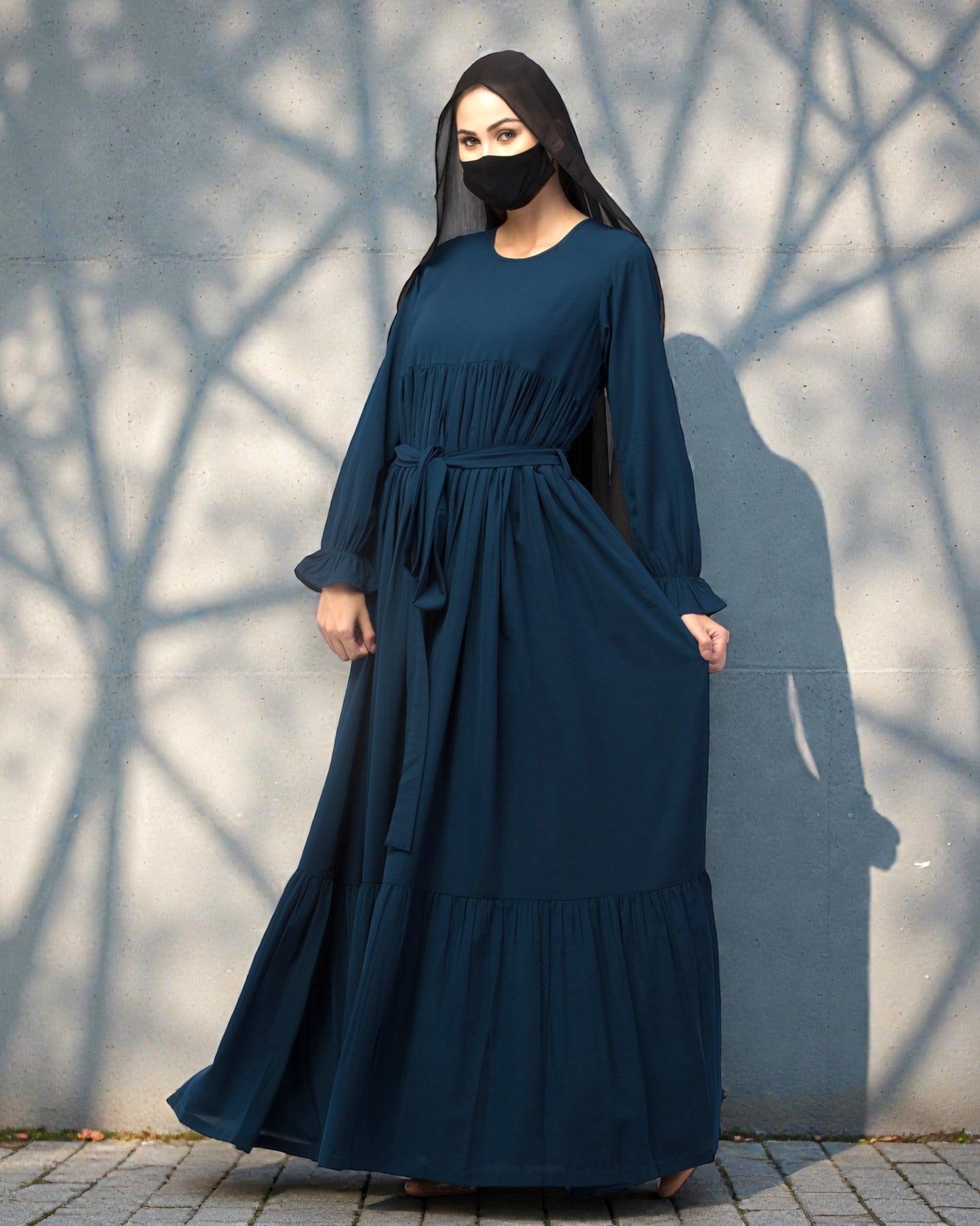Multi Layered Maxi Dress With Belt & Elasticated Bell Sleeves
